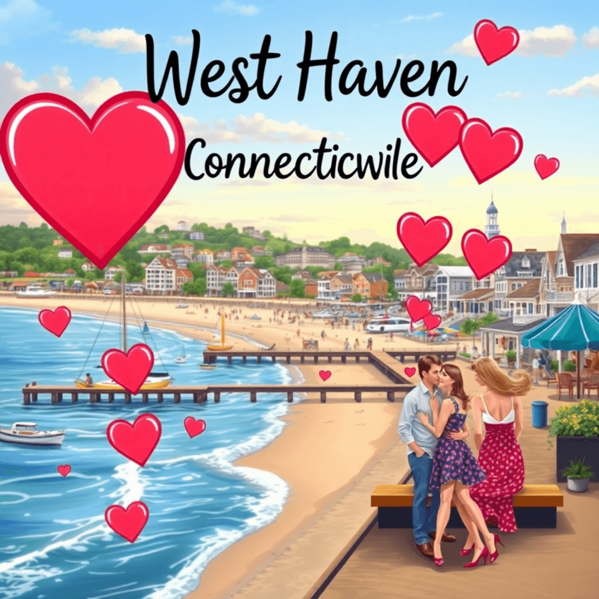 A lively beach scene in West Haven, Connecticut, showcasing couples enjoying outdoor activities with hearts and a picturesque coastline in the back...