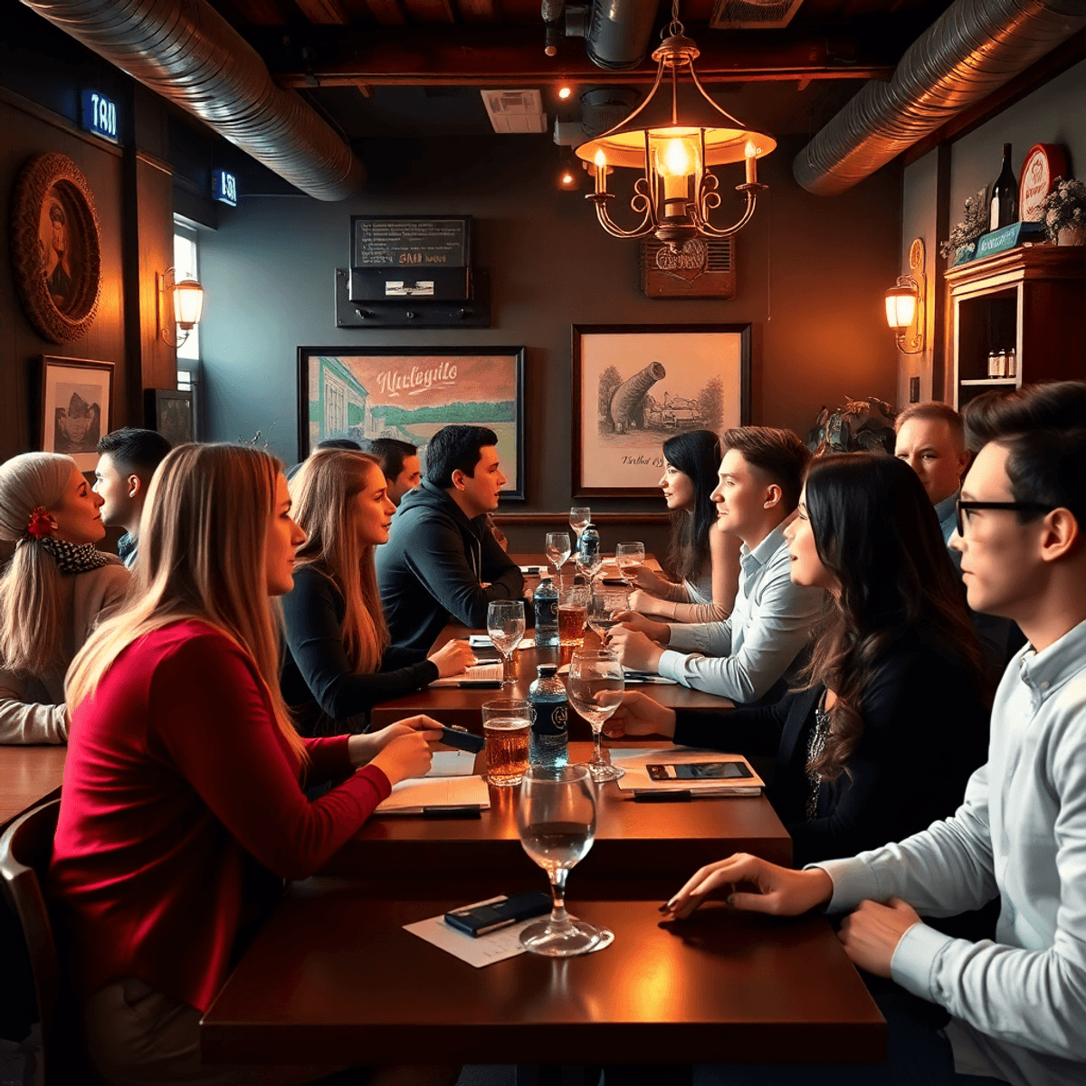 A lively speed dating event in New Britain, Connecticut, with young professionals chatting at tables under cozy lighting, surrounded by decorative ...