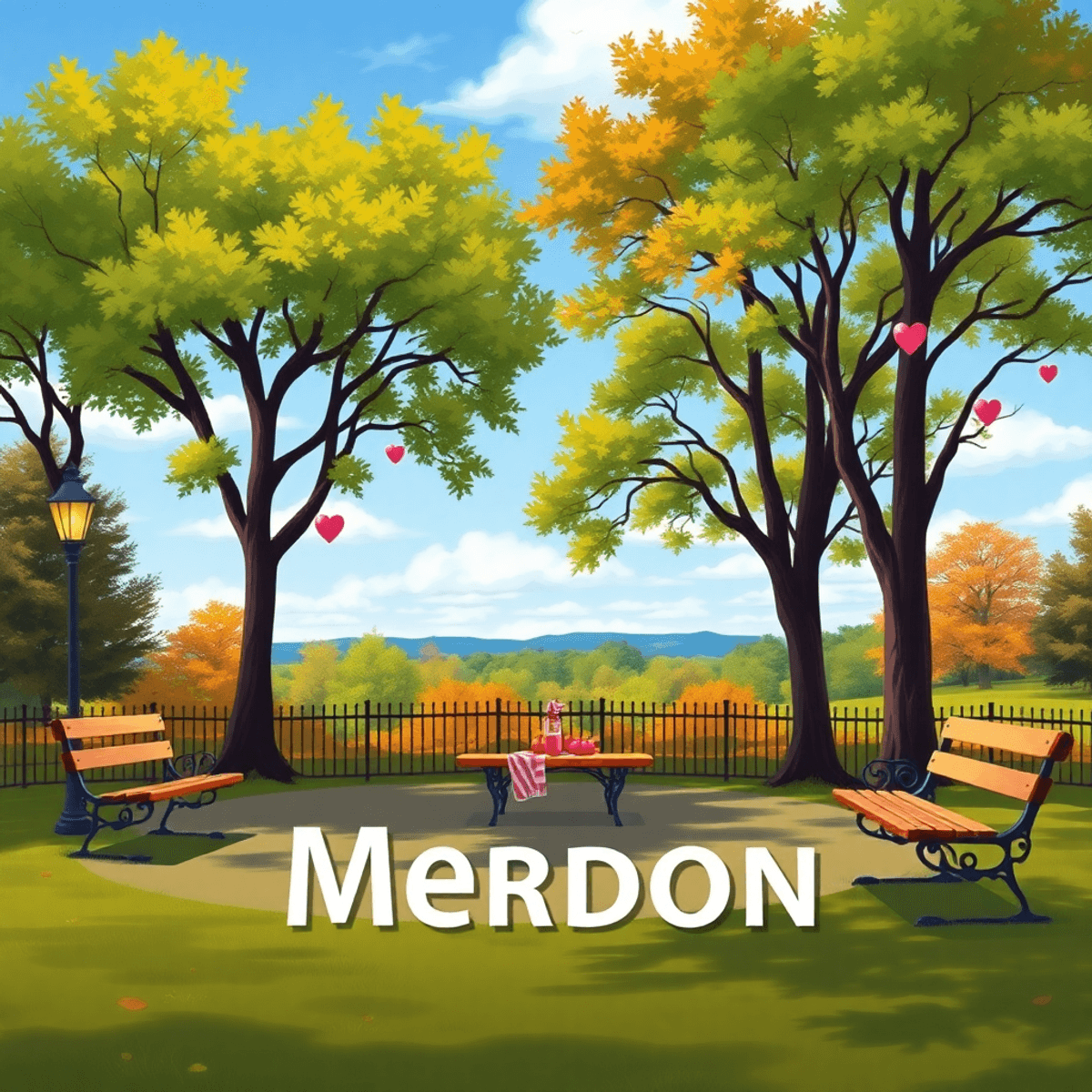 A picturesque park in Meriden, Connecticut, with lush trees, benches, and heart-shaped decorations, creating a warm and inviting atmosphere for sin...