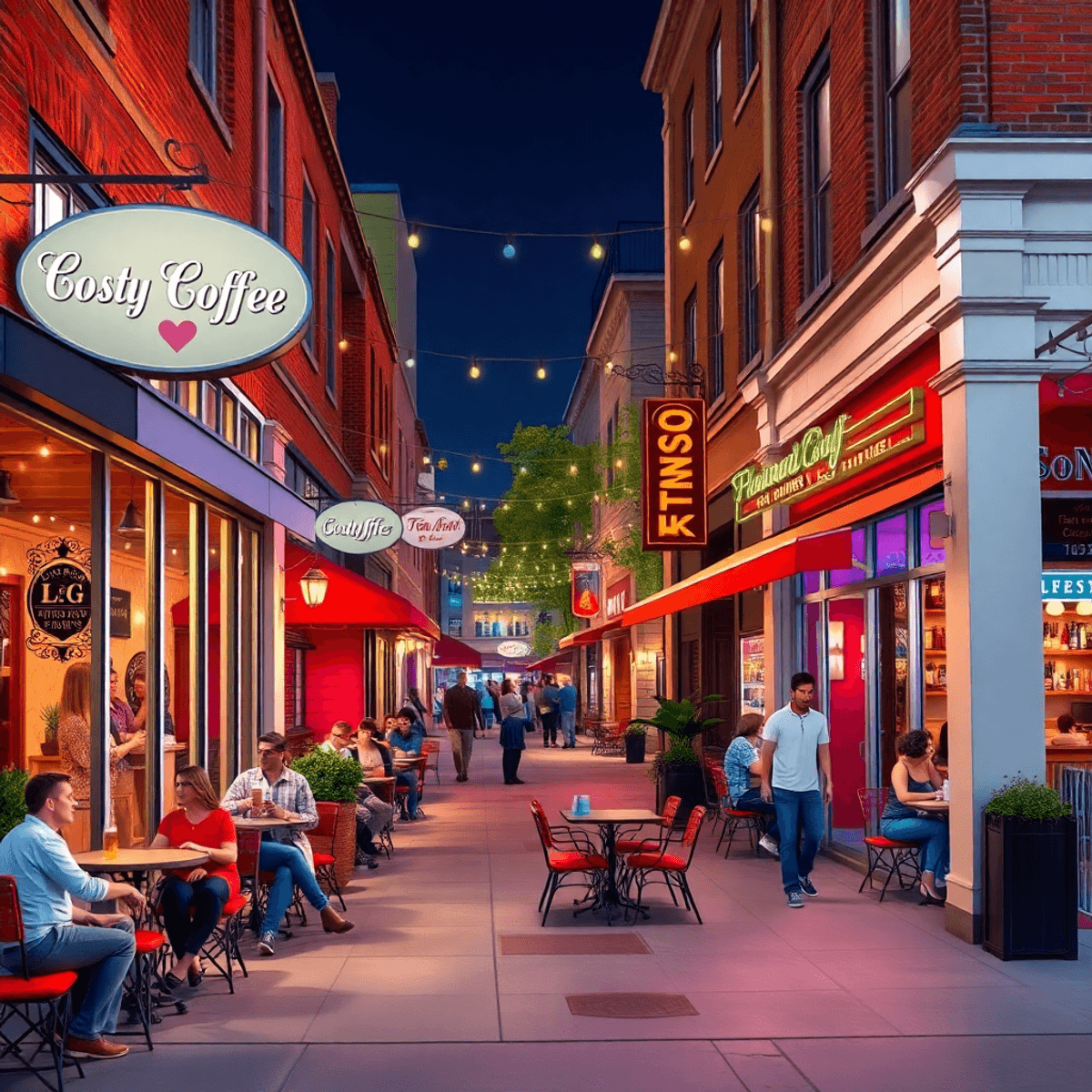 A lively street scene in Norwalk, Connecticut, featuring cozy outdoor cafés, colorful storefronts, and a vibrant nightlife atmosphere with people e...