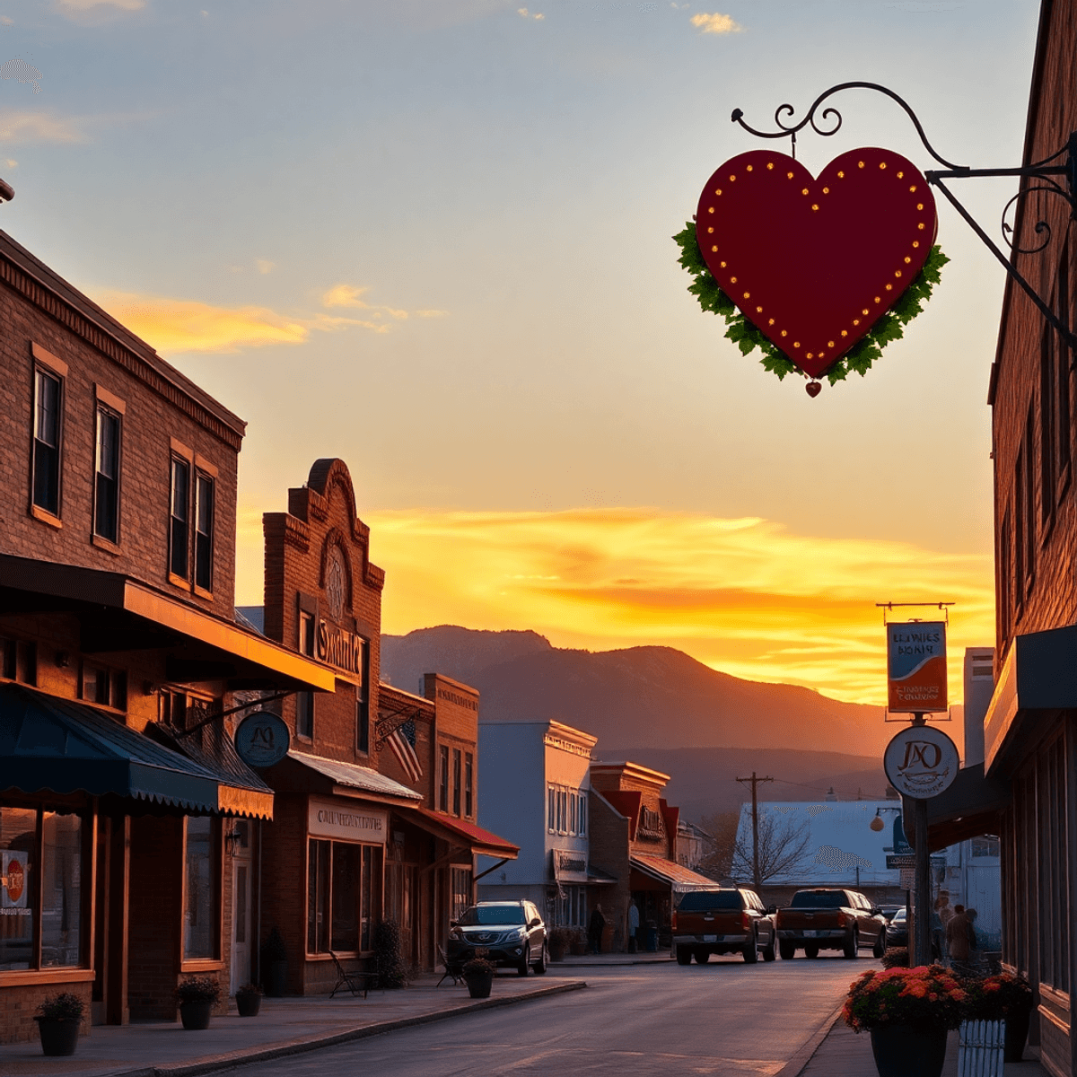 A quaint small-town street in Swink, Colorado, lined with charming shops and community spaces, bathed in warm sunset light, featuring romantic touc...