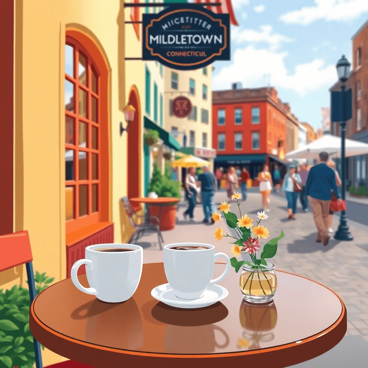 A cozy café table with two coffee cups and a small bouquet of flowers, set against charming Middletown architecture and a lively street scene.