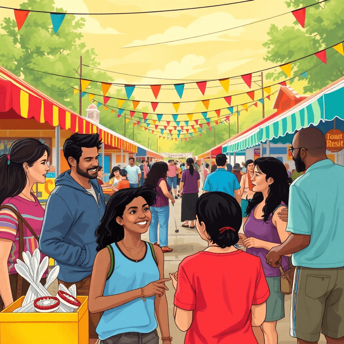 A lively small-town festival scene with colorful stalls, live music, and people enjoying cheerful conversations, showcasing community spirit and lo...