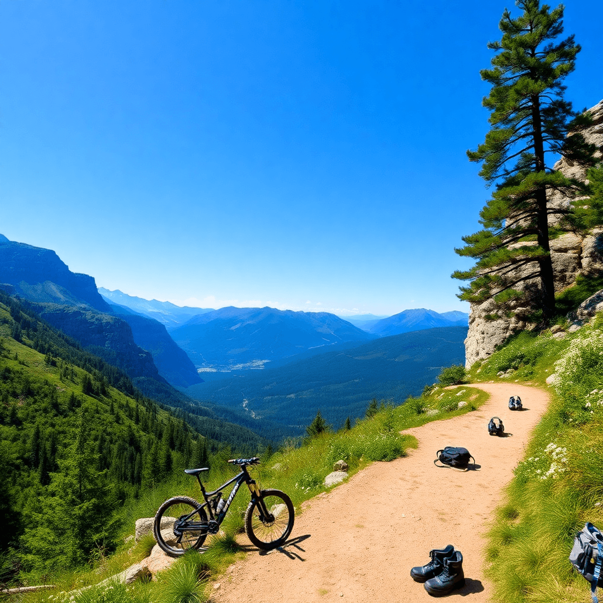 A scenic view of the Rocky Mountains with lush greenery, a clear blue sky, and a winding hiking trail. Mountain bike and climbing gear are placed a...