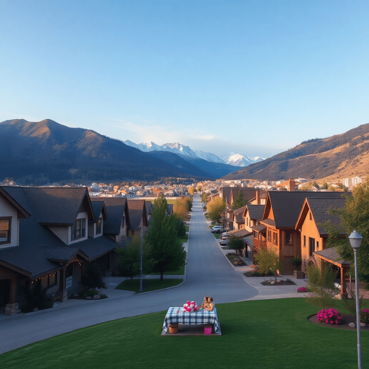 A scenic view of Bow Mar, Colorado, featuring cozy streets, beautiful homes, and a romantic picnic setup in a park, evoking warmth and connection.