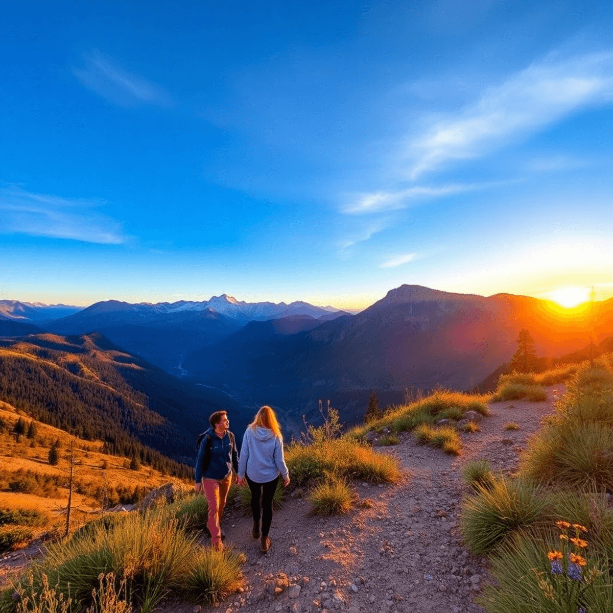 A couple walks along a vibrant hiking trail adorned with wildflowers, set against the stunning Rocky Mountains and a colorful sunset sky in Blue Ri...