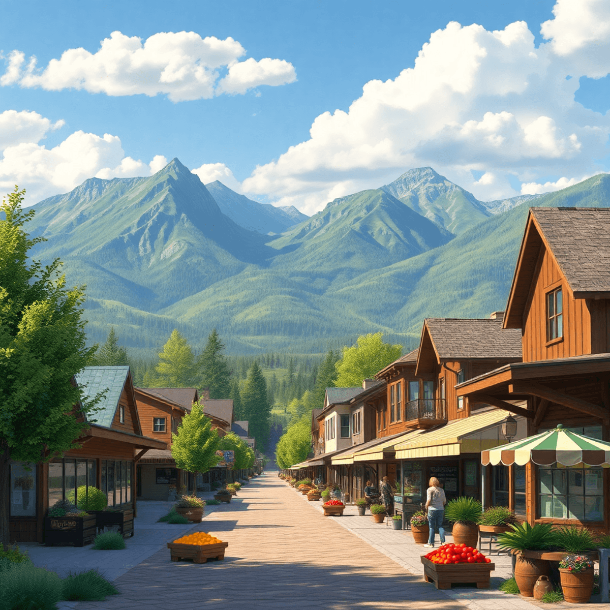 A scenic view of a small town in Lazy Acres, Colorado, showcasing mountains, greenery, and a cozy café with colorful produce from a farmers' market...