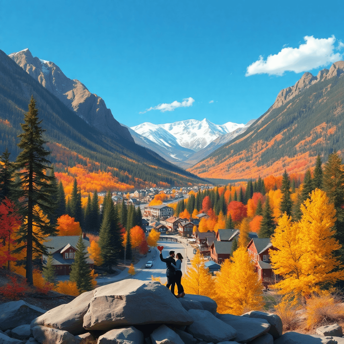 A scenic mountain view of Fraser, Colorado, showcasing vibrant autumn colors, with a couple's silhouette enjoying nature and a heart-shaped rock fo...