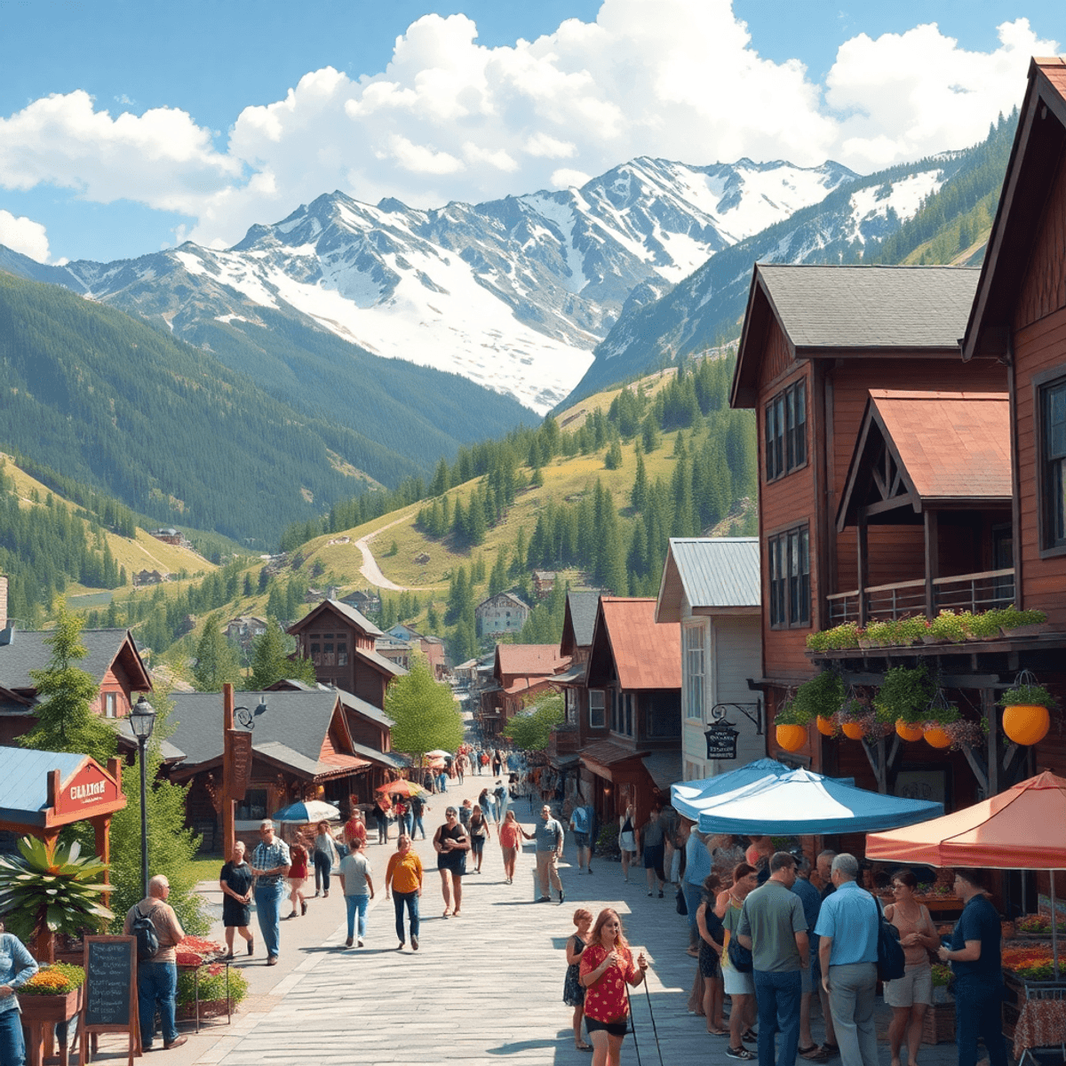 A scenic view of Colorado mountains surrounding a small town, featuring outdoor activities like hiking and skiing, with a vibrant local market scen...