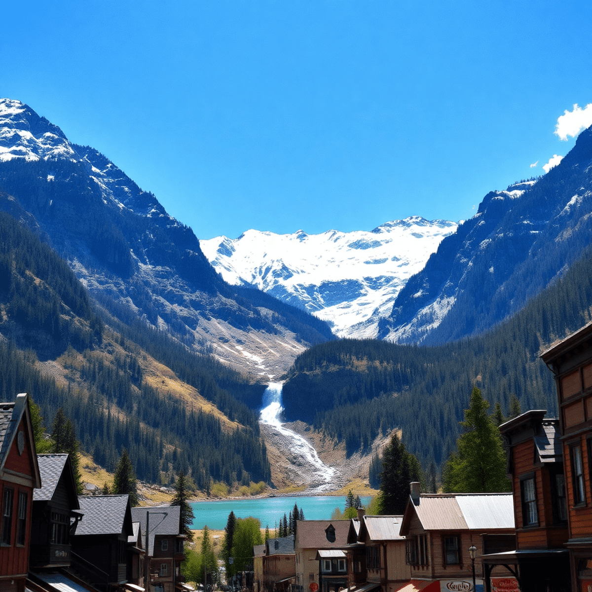 A scenic view of Ouray, Colorado, featuring snow-capped mountains, a waterfall, and alpine lakes under a blue sky, with charming historic buildings...