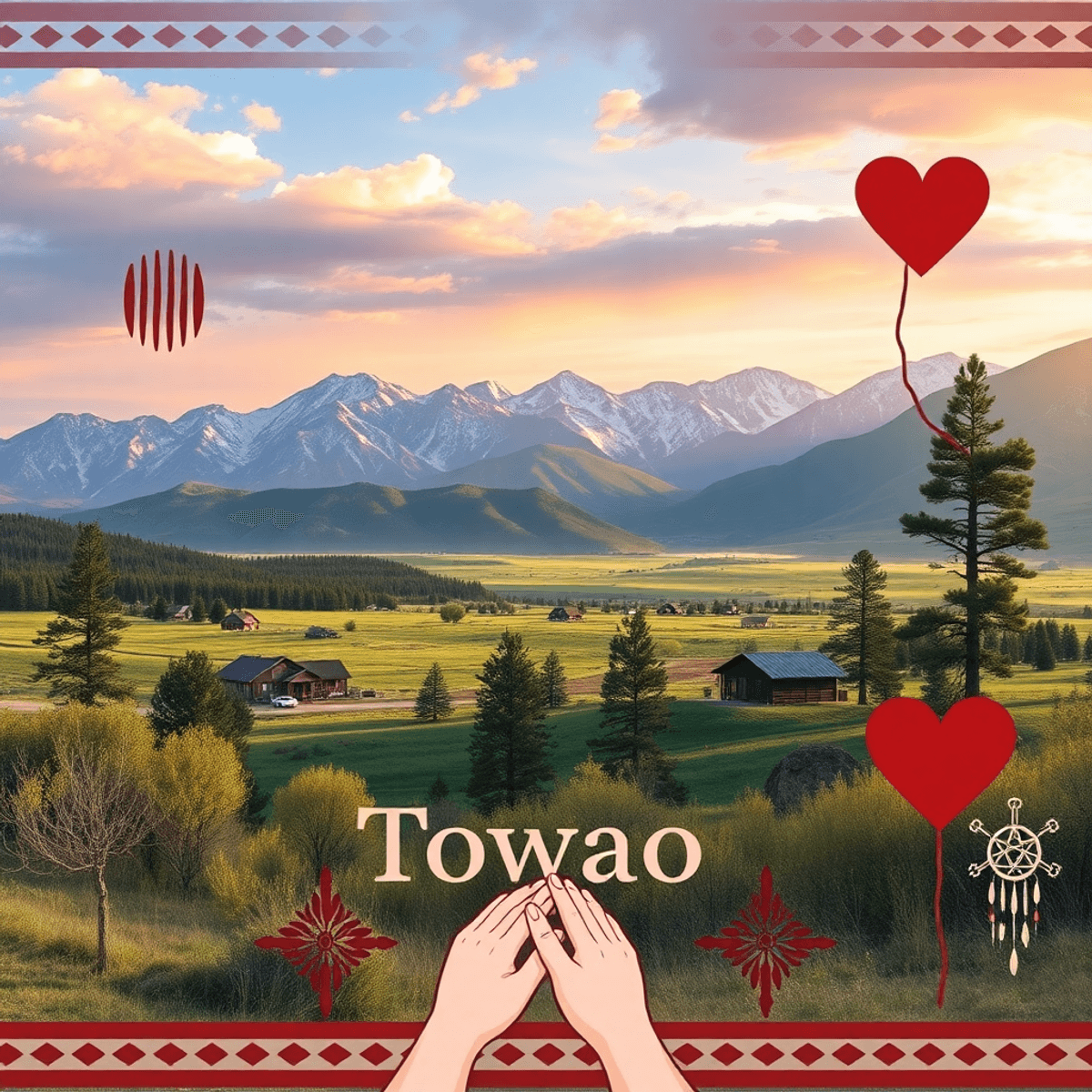 A scenic view of Towaoc, Colorado, featuring mountains and traditional tribal elements, with subtle modern dating symbols like hearts and intertwin...