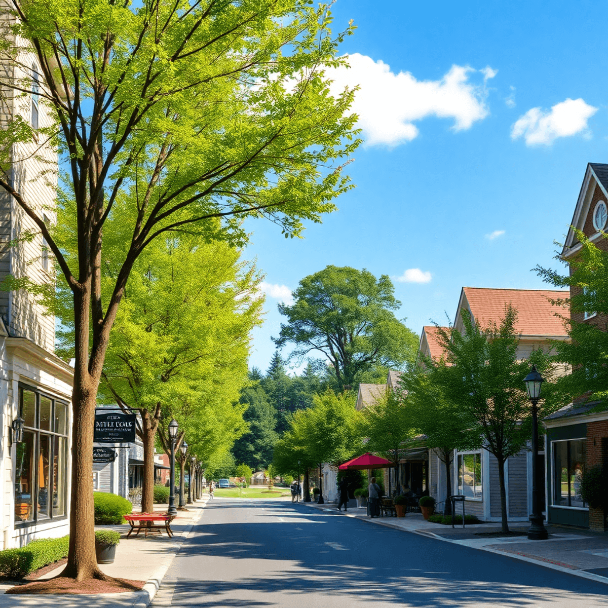 A charming suburban street with tree-lined avenues, local shops, and a cozy café with outdoor seating, alongside a well-kept park inviting communit...
