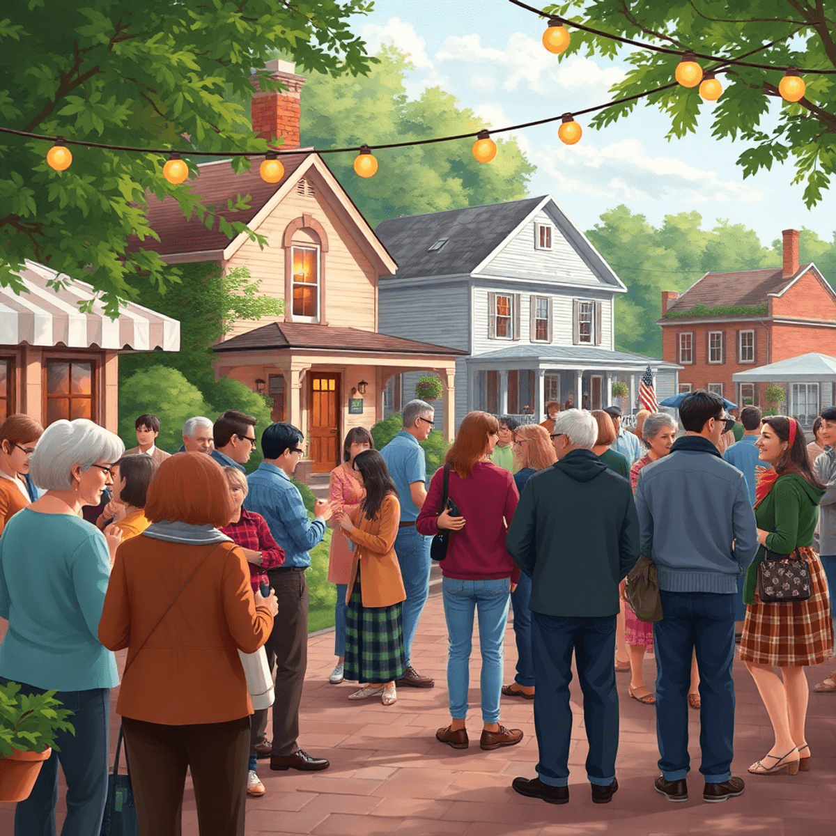 A cozy outdoor gathering in West Simsbury, featuring people of various ages mingling amidst historic houses and lush greenery, evoking warmth and c...