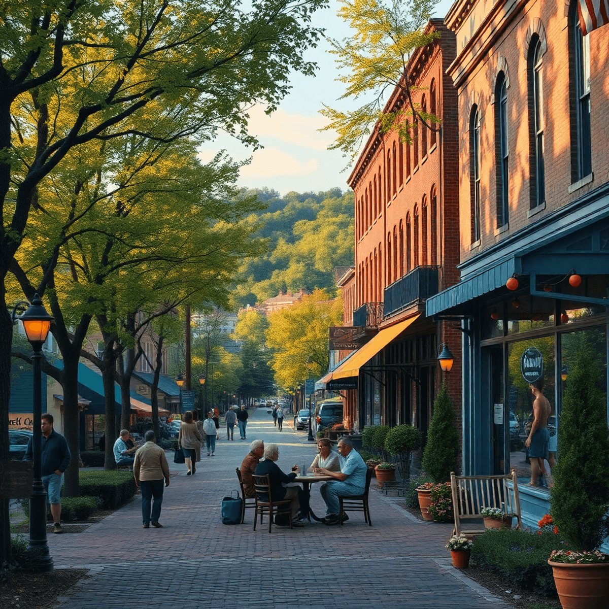 A charming small-town scene in Moosup, Connecticut, showcasing tree-lined streets and historic buildings, with a cozy community gathering that exud...
