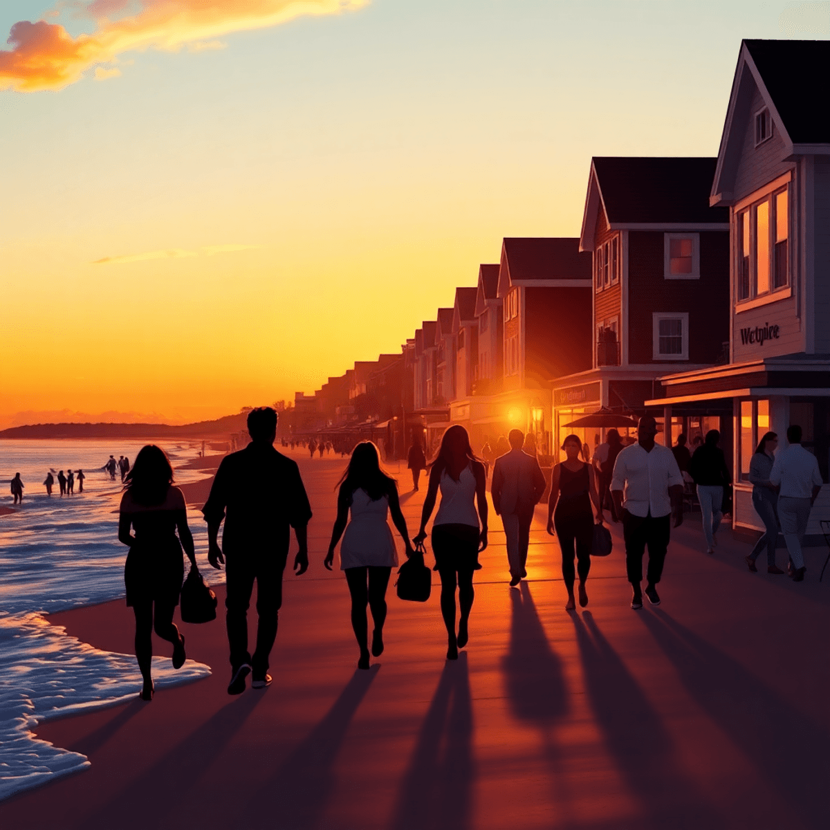 A picturesque sunset at Compo Beach in Westport Village, with silhouettes of young professionals strolling along the shore, surrounded by inviting ...