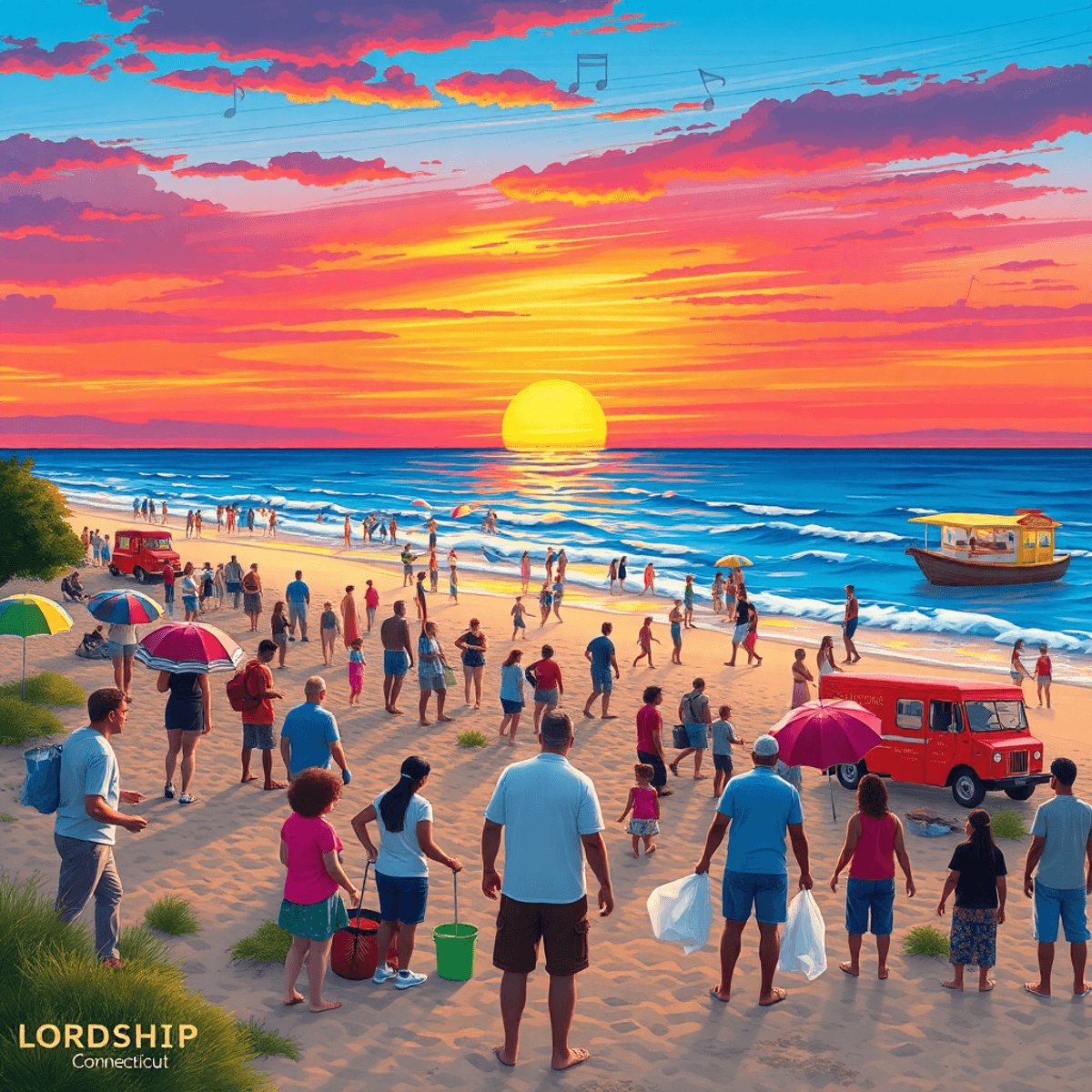 A vibrant sunset over a beach in Connecticut, with people participating in a cleanup event, colorful umbrellas, food trucks, and musical notes floa...