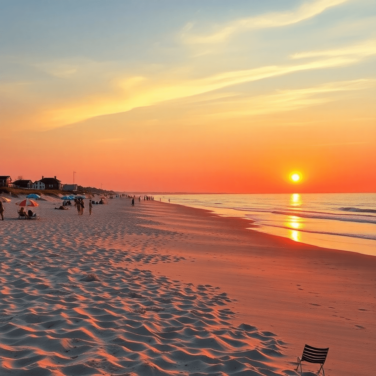 A scenic sunset view of Compo Beach, featuring sandy shores, colorful beach umbrellas, and people playing volleyball and strolling along the water,...