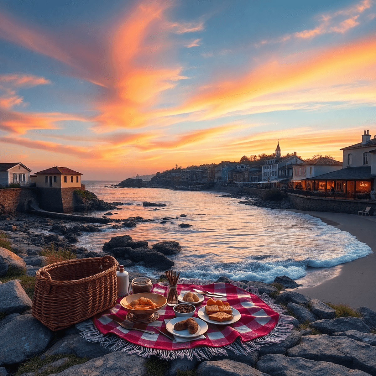 A picturesque coastal town at sunset, with gentle waves, hiking trails, a picnic setup, cozy cafes, and charming boutiques, creating a romantic atm...