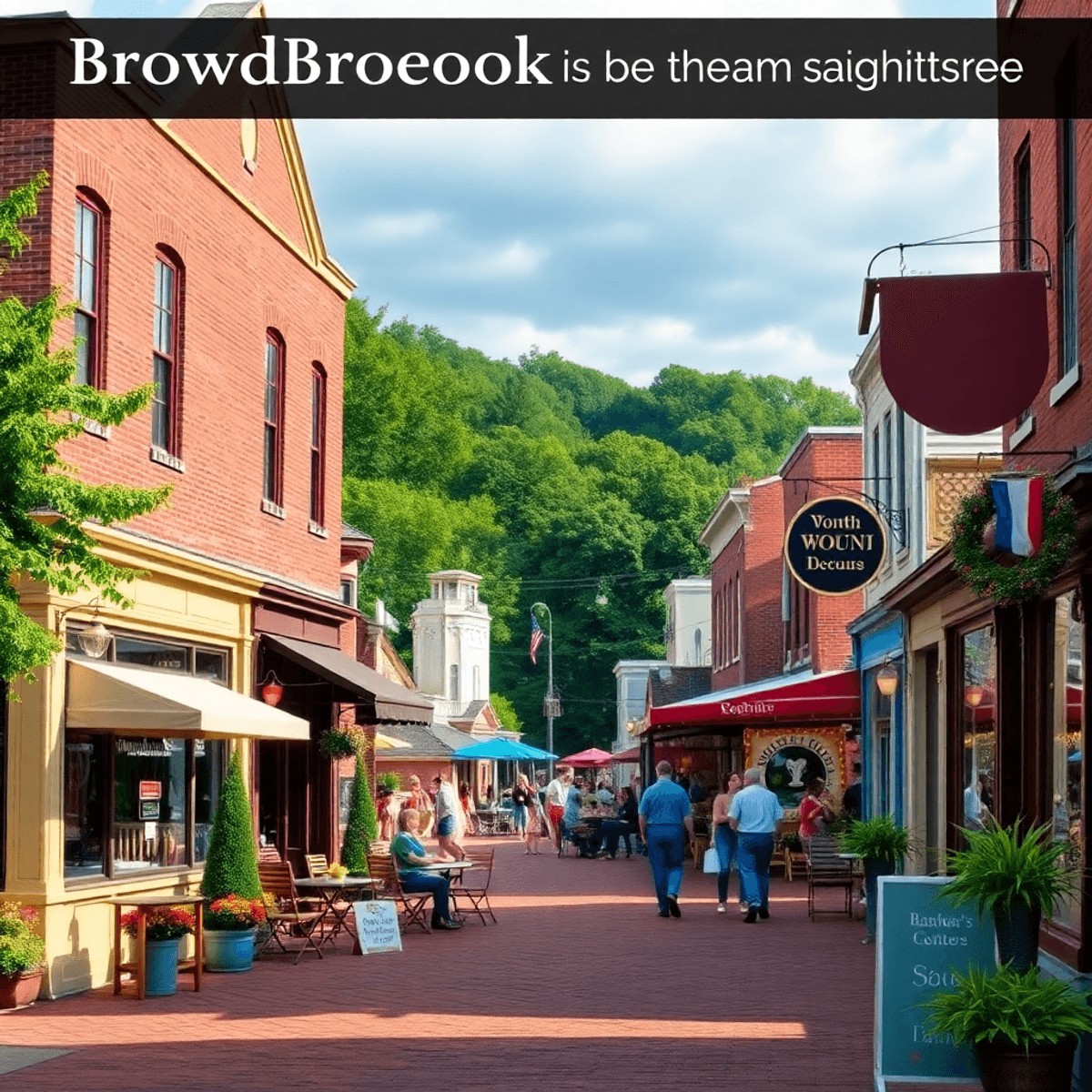 A charming small-town street in Broad Brook, Connecticut, featuring local cafes, outdoor seating, and a historic building, creating an inviting atm...