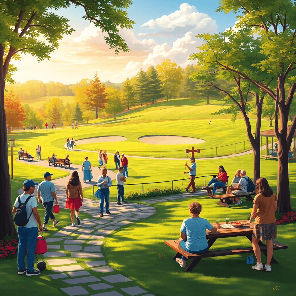 A vibrant park scene in Tashua, Connecticut, showcasing scenic walking trails, picnic spots, and a golf course in the background, filled with peopl...