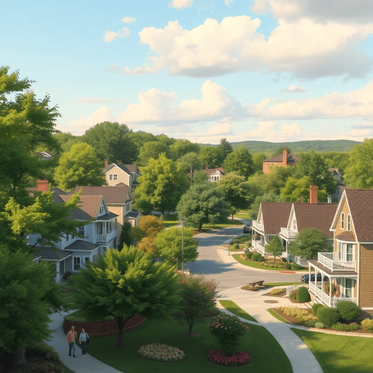 A picturesque suburban neighborhood with cozy homes, tree-lined streets, and a vibrant park, creating a warm, inviting atmosphere that highlights c...