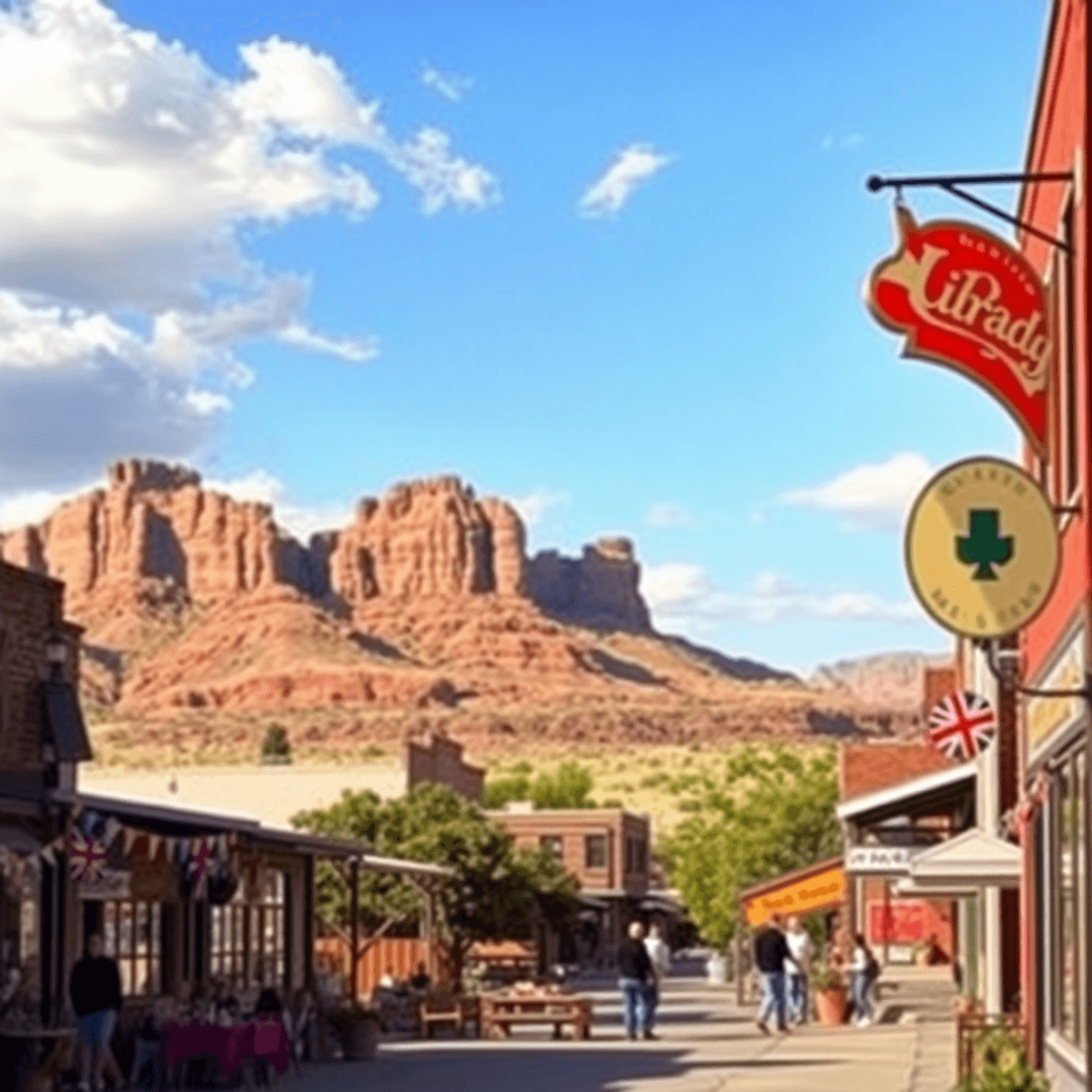 A scenic view of Dinosaur, Colorado, showcasing unique rock formations and a quaint local gathering with decorations, alongside an inviting ice cre...