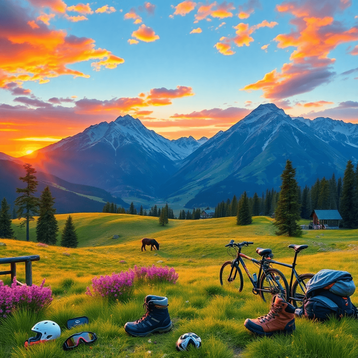 A scenic mountain landscape with the San Juan Mountains, vibrant alpine meadows, a colorful sunset, and outdoor gear like hiking boots, bicycles, a...