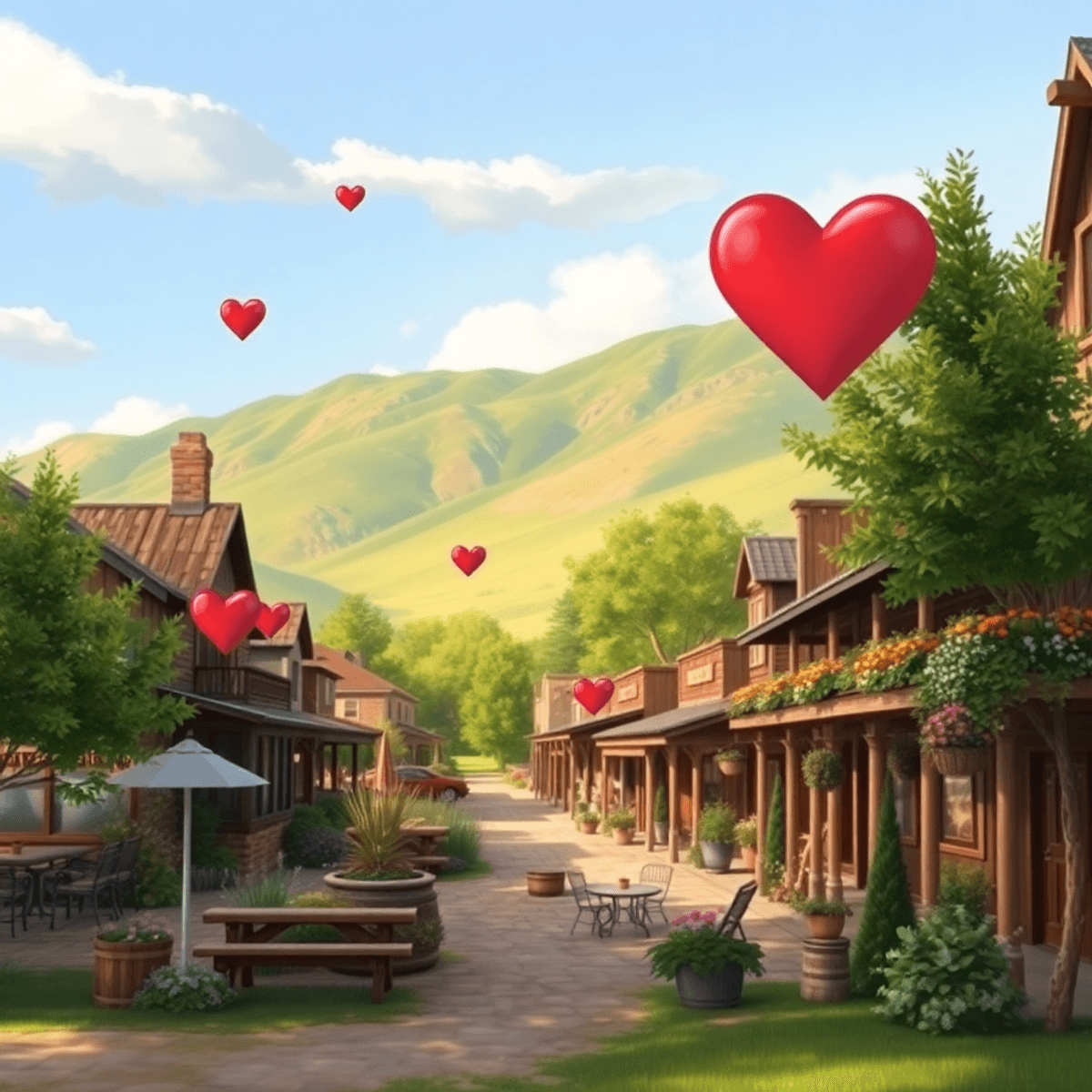 A charming small town scene in Otis, Colorado, showcasing a community center amidst greenery and rustic buildings, with hearts symbolizing connecti...