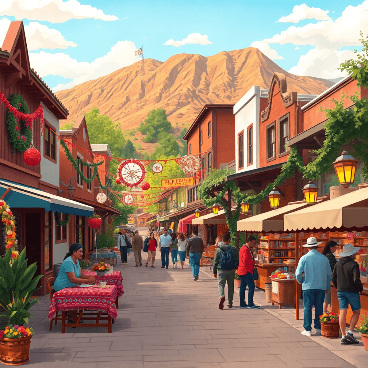 A vibrant small town in Colorado during a community event, with festive decorations, people enjoying outdoor activities, and traditional food stall...