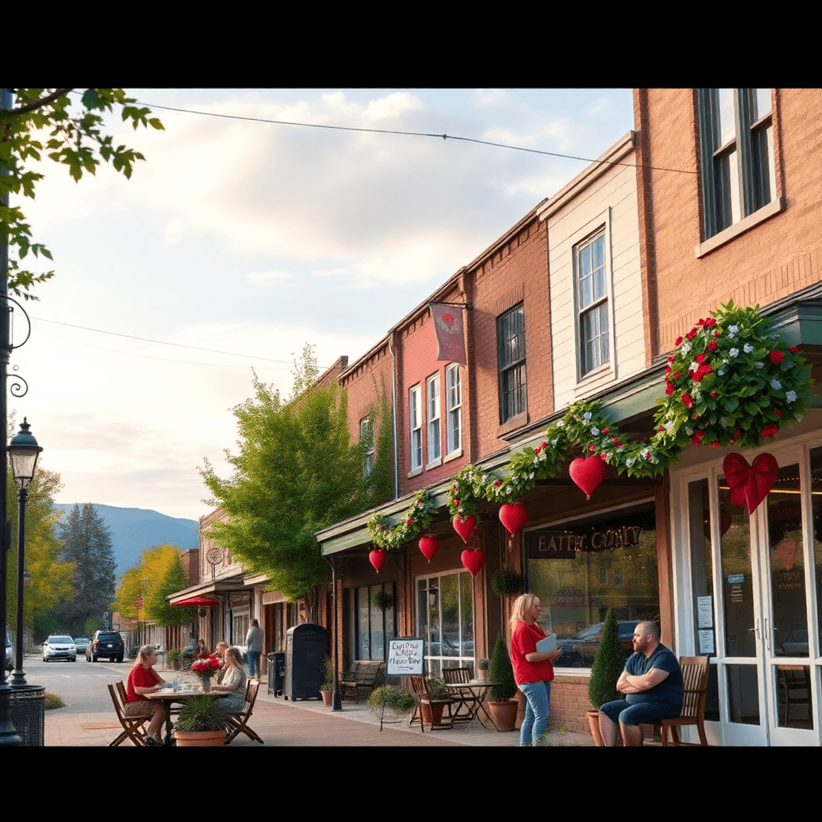 A quaint small-town street lined with charming cafes and parks, adorned with heart-shaped decorations, capturing a warm atmosphere of modern dating...