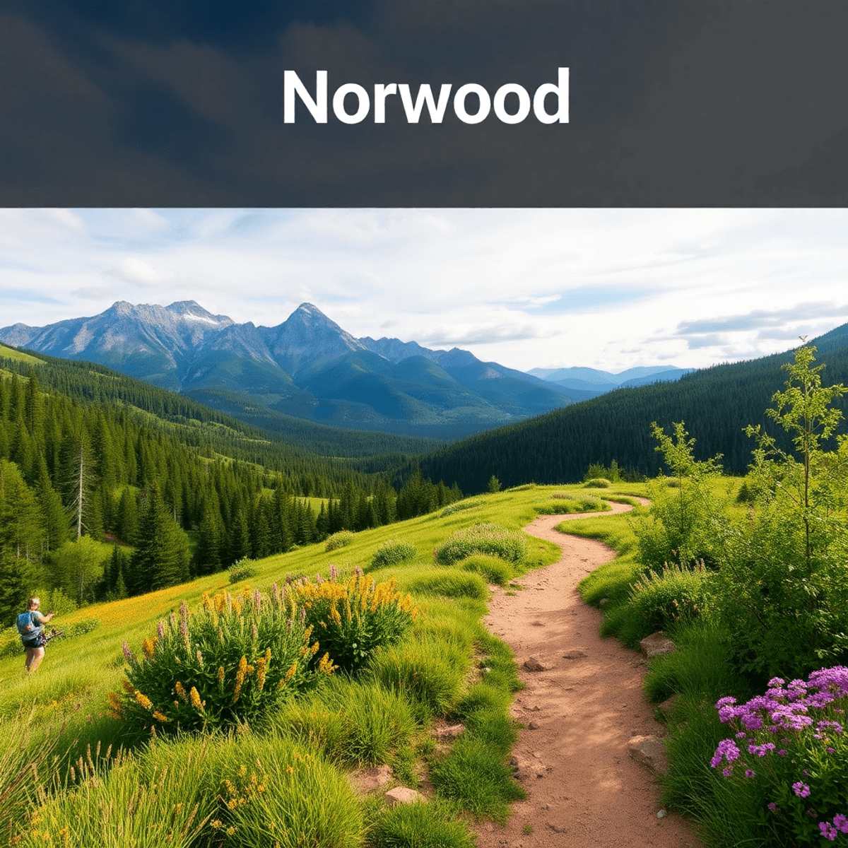 A scenic landscape of Norwood, Colorado, featuring majestic mountains, lush greenery, and a winding trail adorned with vibrant wildflowers, perfect...