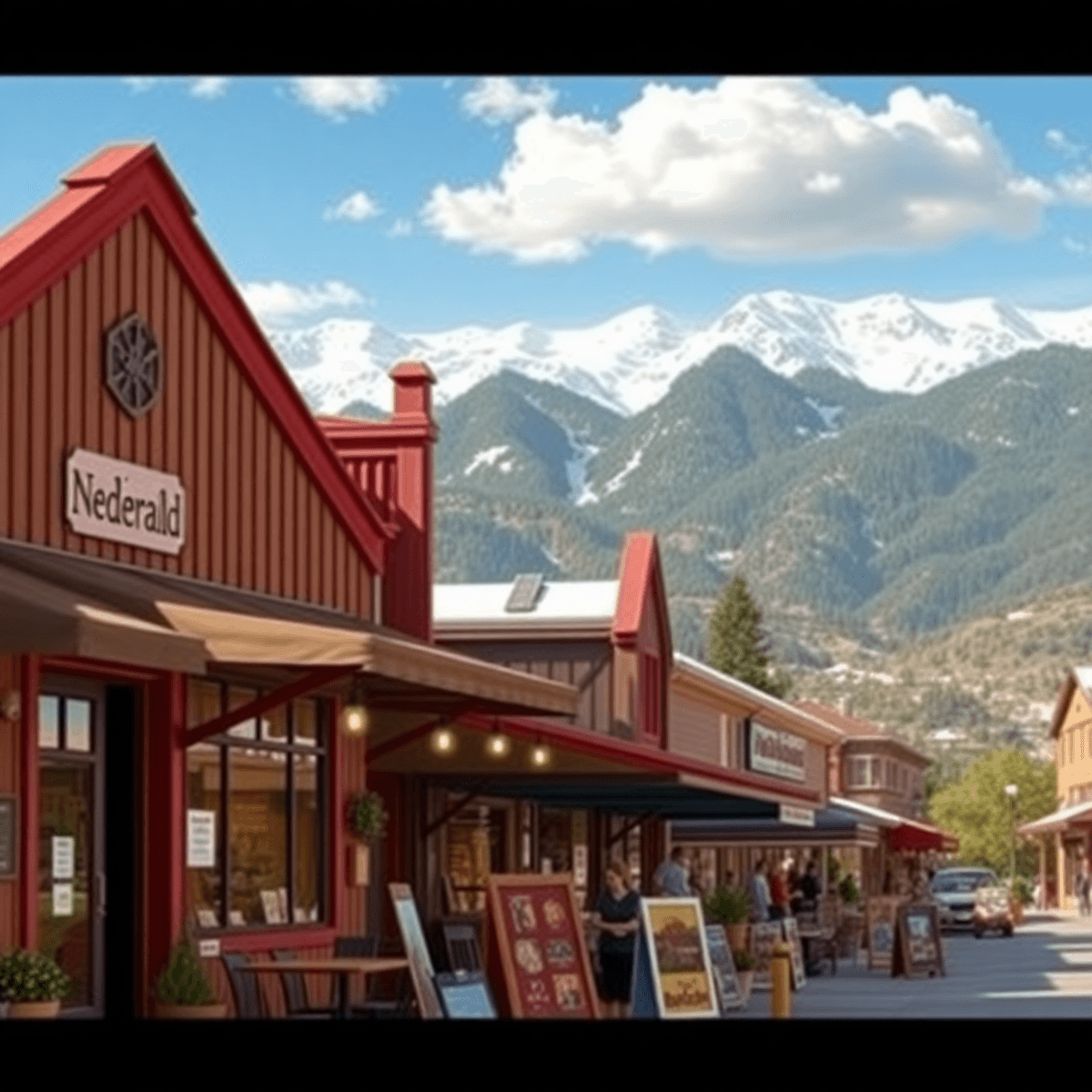 A picturesque view of Nederland, Colorado, showcasing snow-capped mountains, a cozy coffee shop with outdoor seating, and vibrant local art in a li...