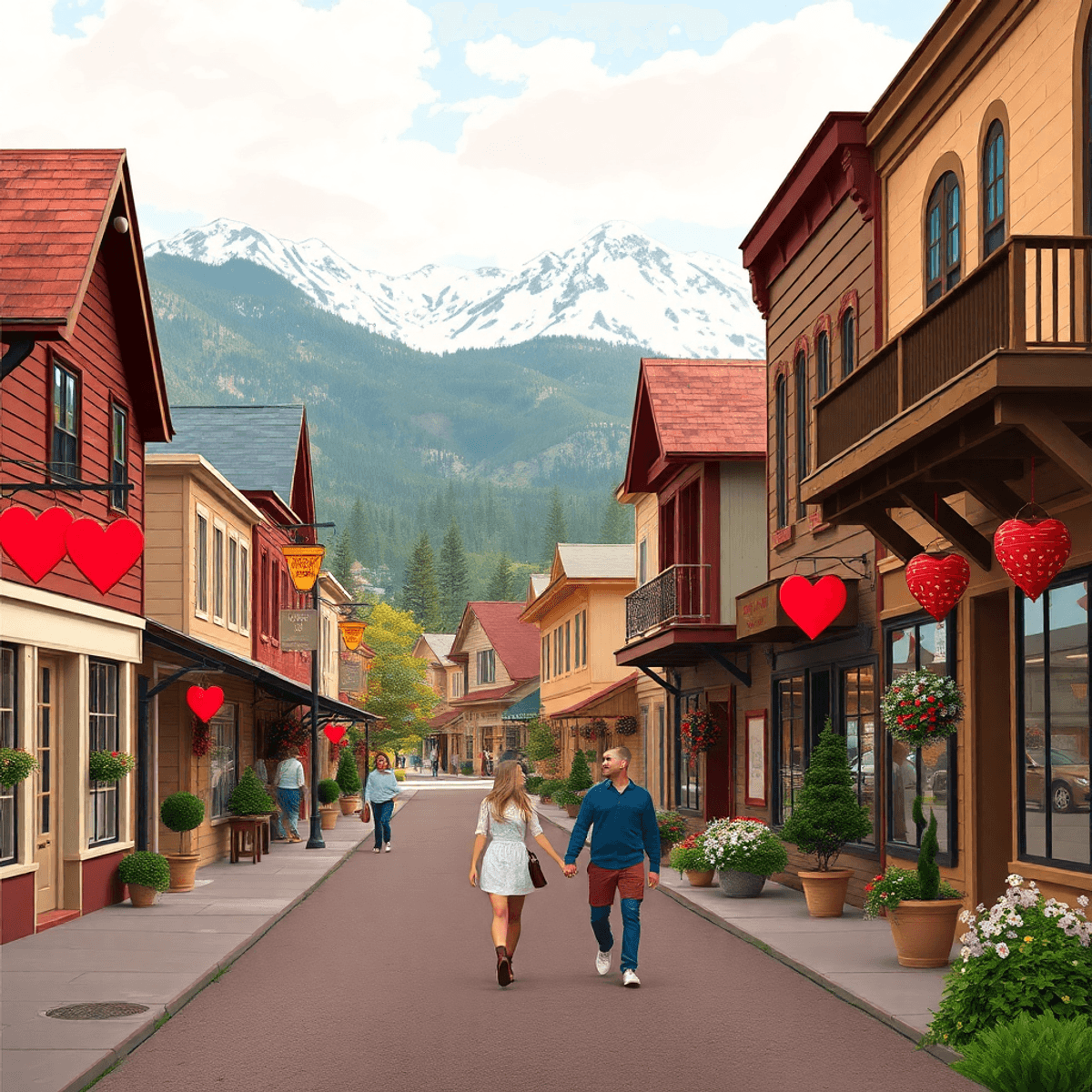 A quaint street in Sugar City, Colorado, featuring charming houses, couples walking hand-in-hand, and heart-shaped decorations with the Rocky Mount...