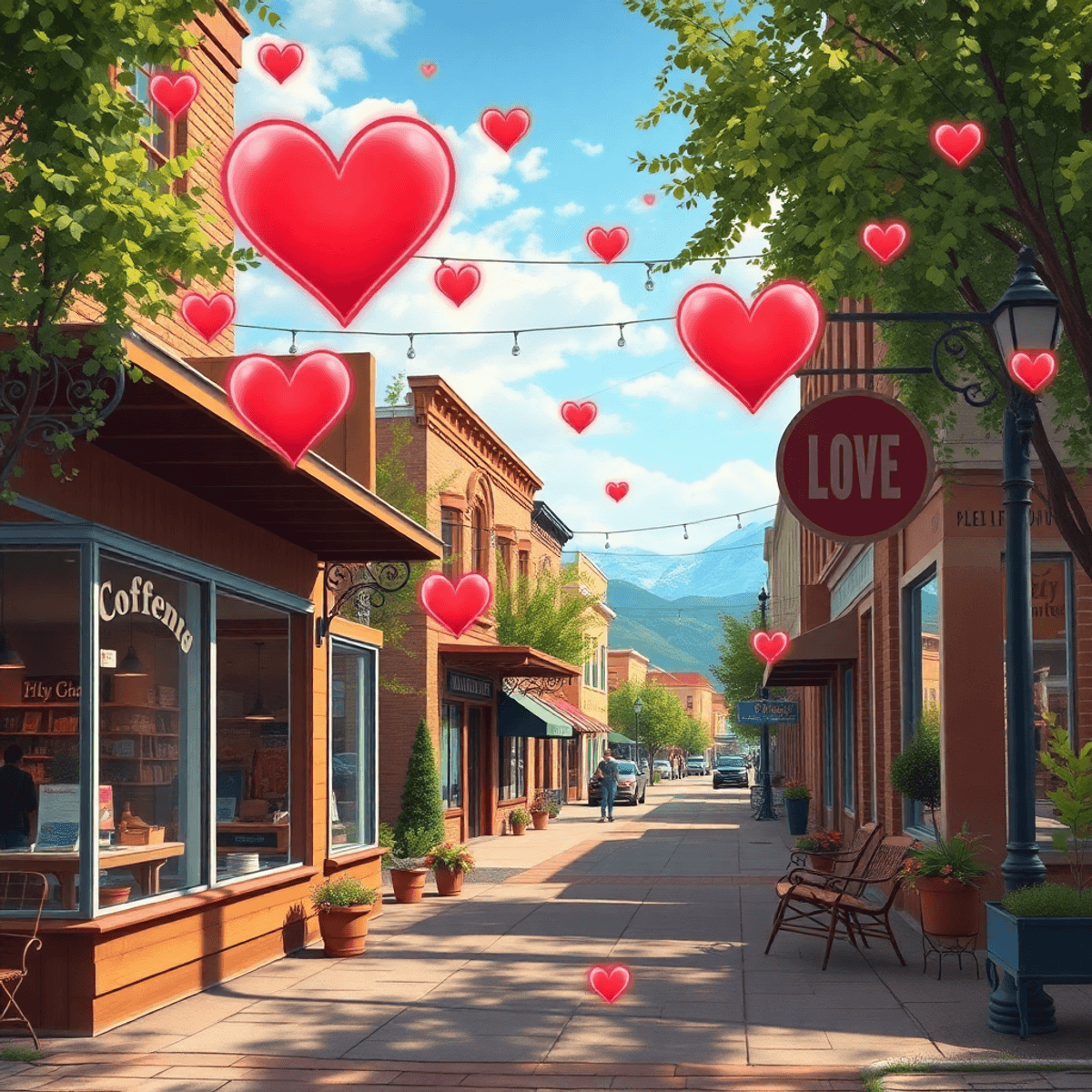 A picturesque small-town street in Fleming, Colorado, showcasing a cozy coffee shop and community center, with subtle heart motifs that evoke conne...