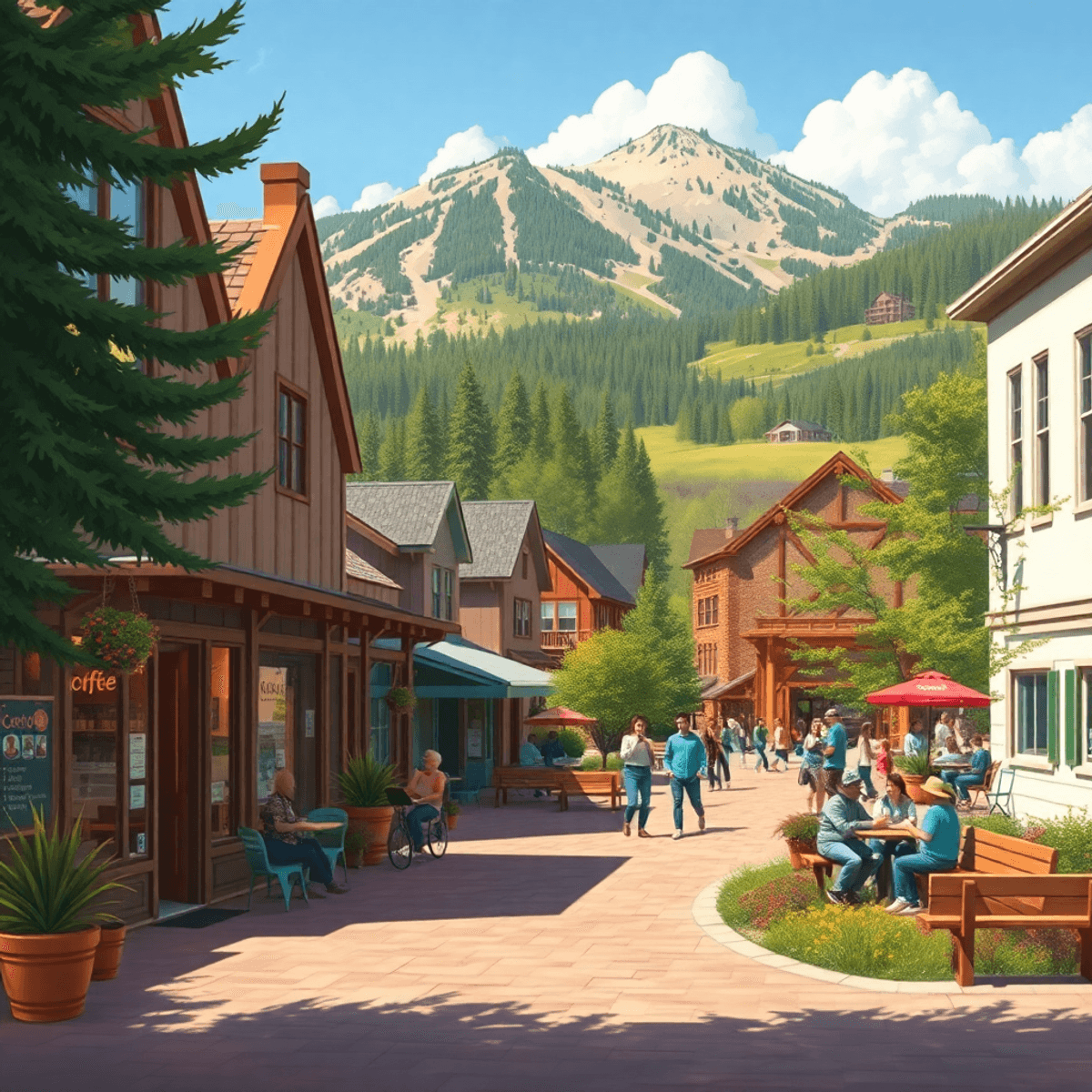 A picturesque mountain town in Colorado, showcasing a cozy coffee shop and a park filled with people enjoying outdoor activities in a warm, invitin...