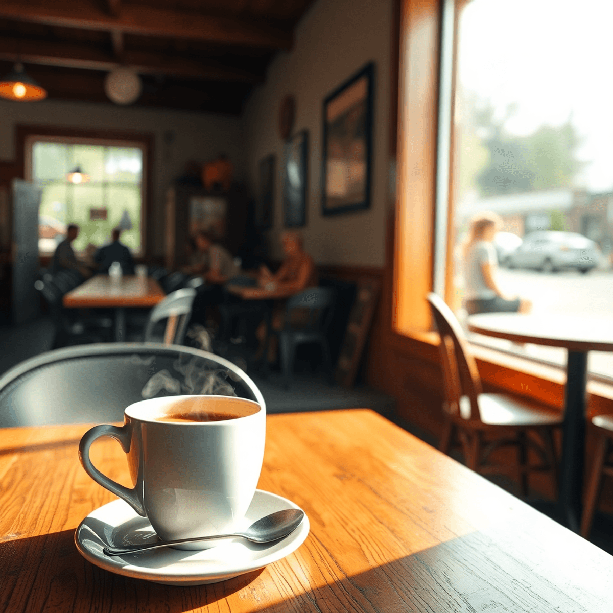A cozy café with a steaming cup of coffee on a wooden table, sunlight streaming through the window, and friends chatting in the background, capturi...