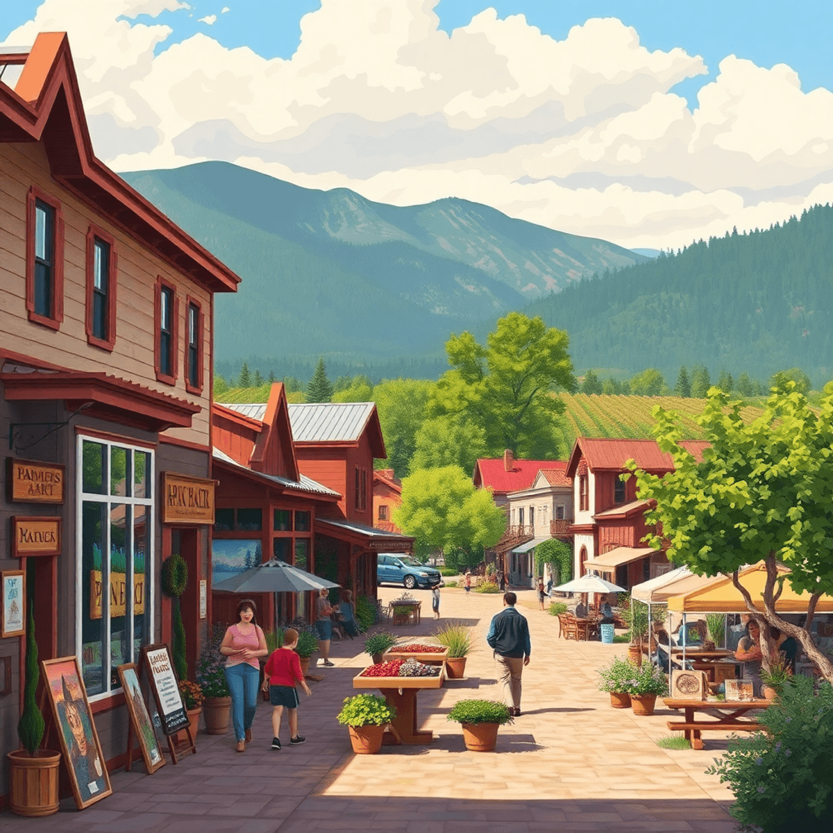 A charming small-town scene in Paonia, Colorado, showcasing an art gallery, a farmers' market, and scenic hiking trails, all set against beautiful ...