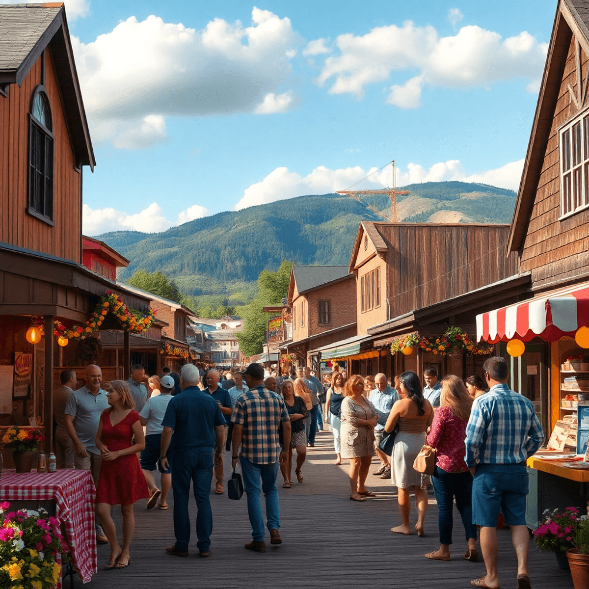 A vibrant community festival in Simla, Colorado, featuring colorful decorations, food stalls, and people mingling amidst blooming flowers and rusti...