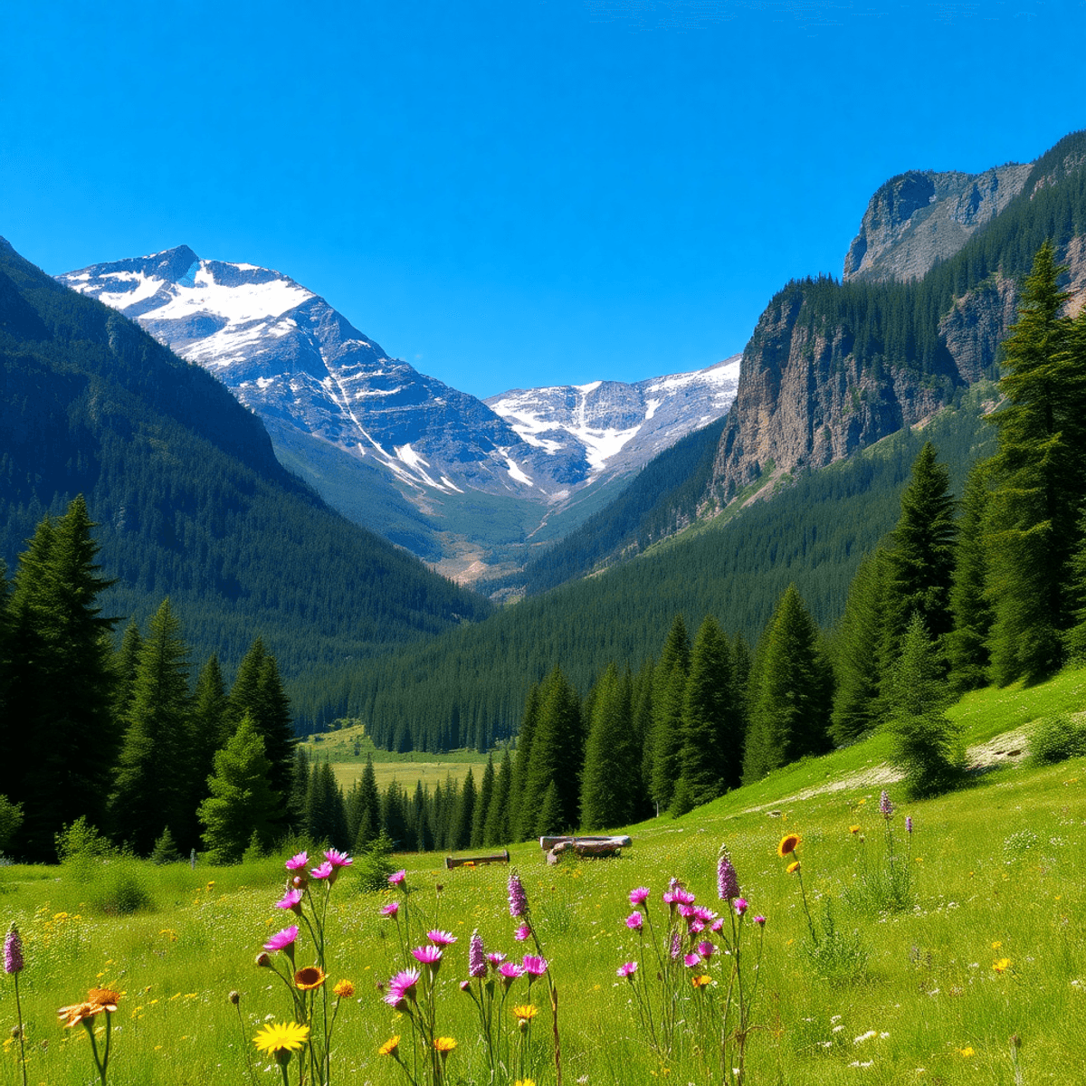 A scenic view of snow-capped Colorado mountains, lush green forests, and a clear blue sky, with a peaceful meadow filled with vibrant wildflowers.