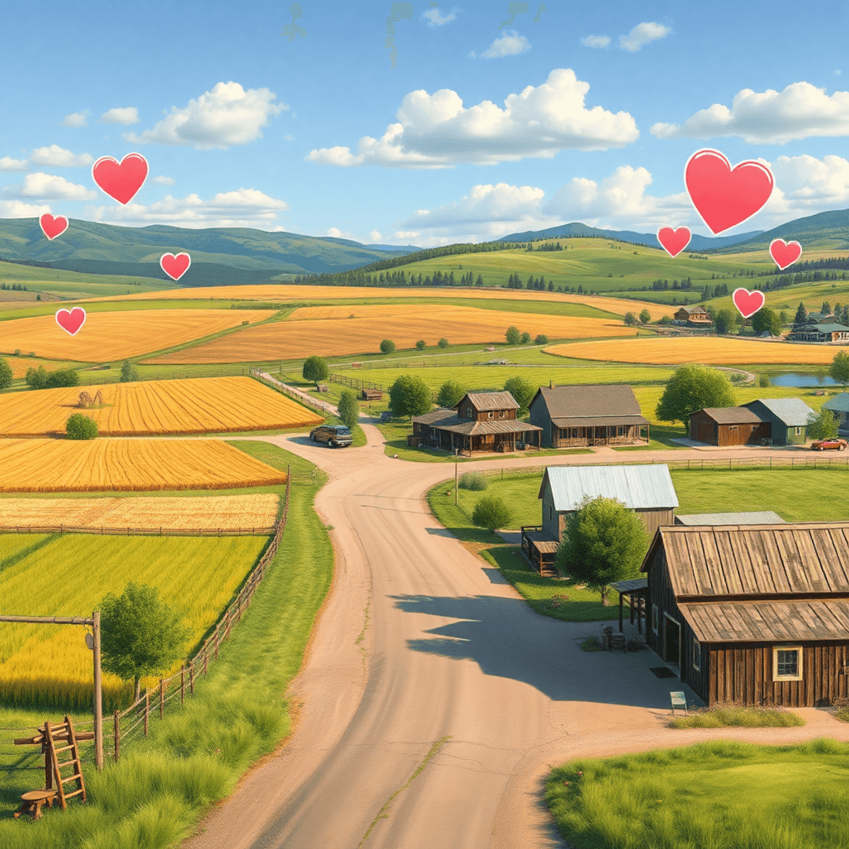 A charming small-town landscape in Holly, Colorado, featuring fields and rustic buildings, with subtle hearts and flowers symbolizing connections a...