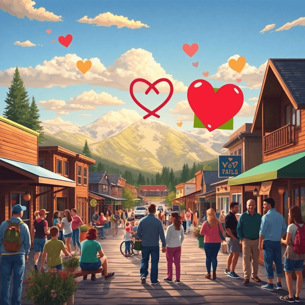 A charming small town scene in Parachute, Colorado, showcasing mountains, a community gathering with hearts, and symbols of outdoor activities like...