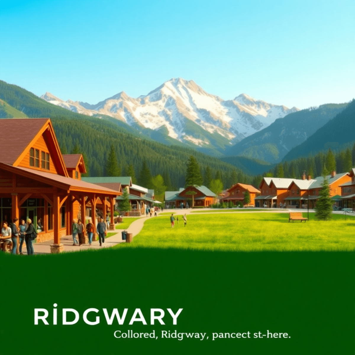 A charming mountain town scene with snow-capped peaks and lush meadows, featuring a cozy coffee shop and people hiking or enjoying a local festival...