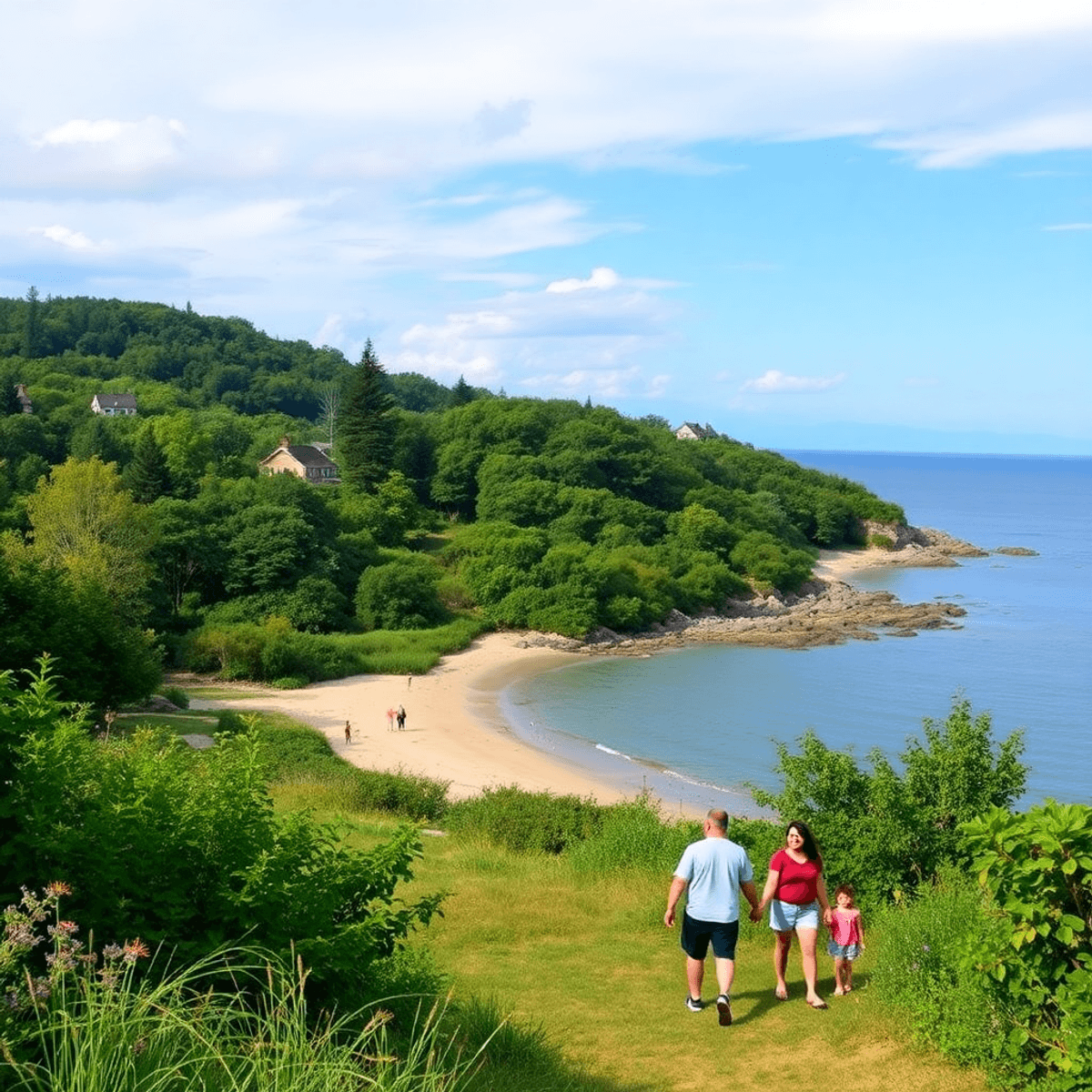 A scenic view of Sherwood Island State Park with a serene coastline, lush greenery, and couples engaging in outdoor activities amidst the natural b...