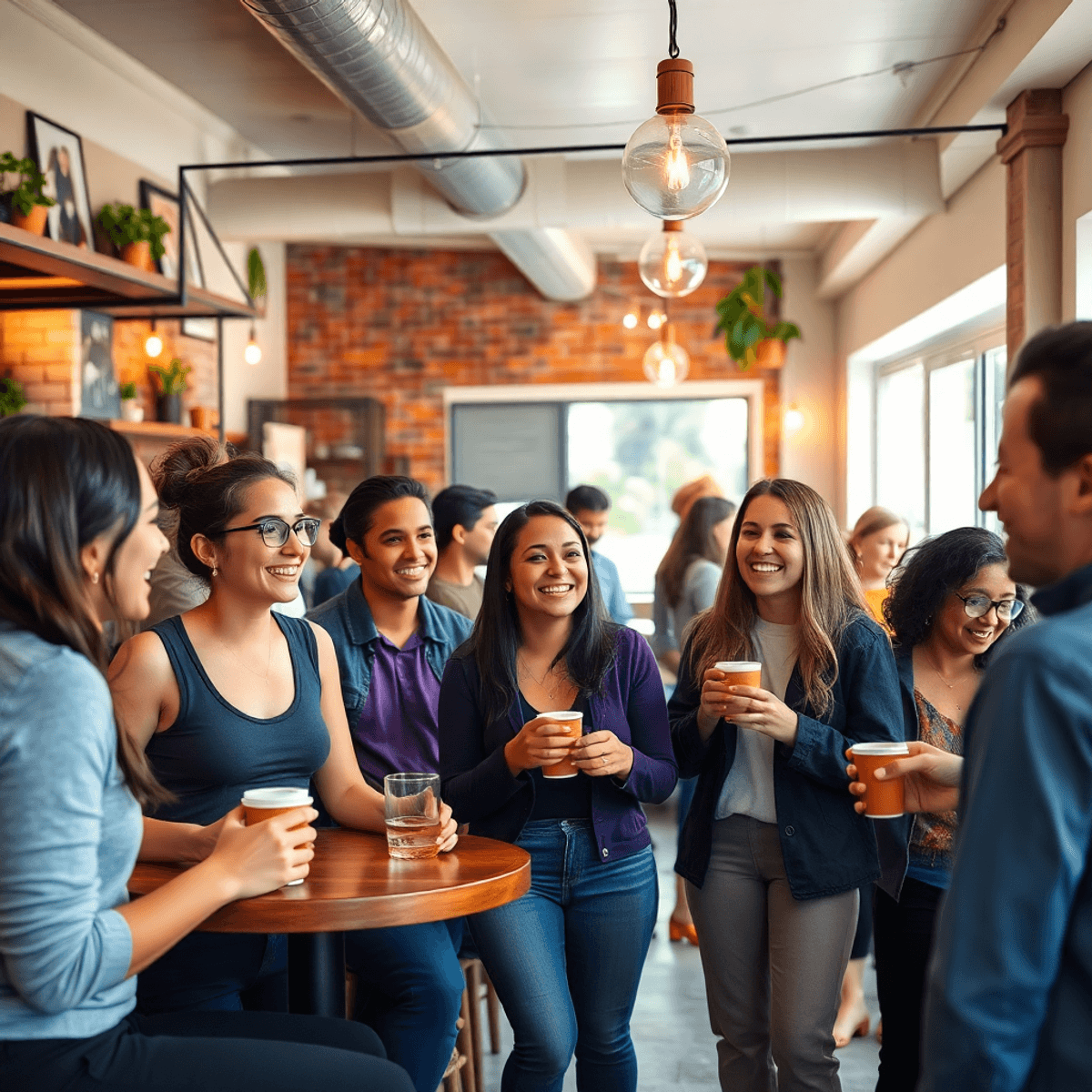 A lively community scene in East Village, Connecticut, featuring singles participating in fitness classes and coffee dates, with a cozy café settin...
