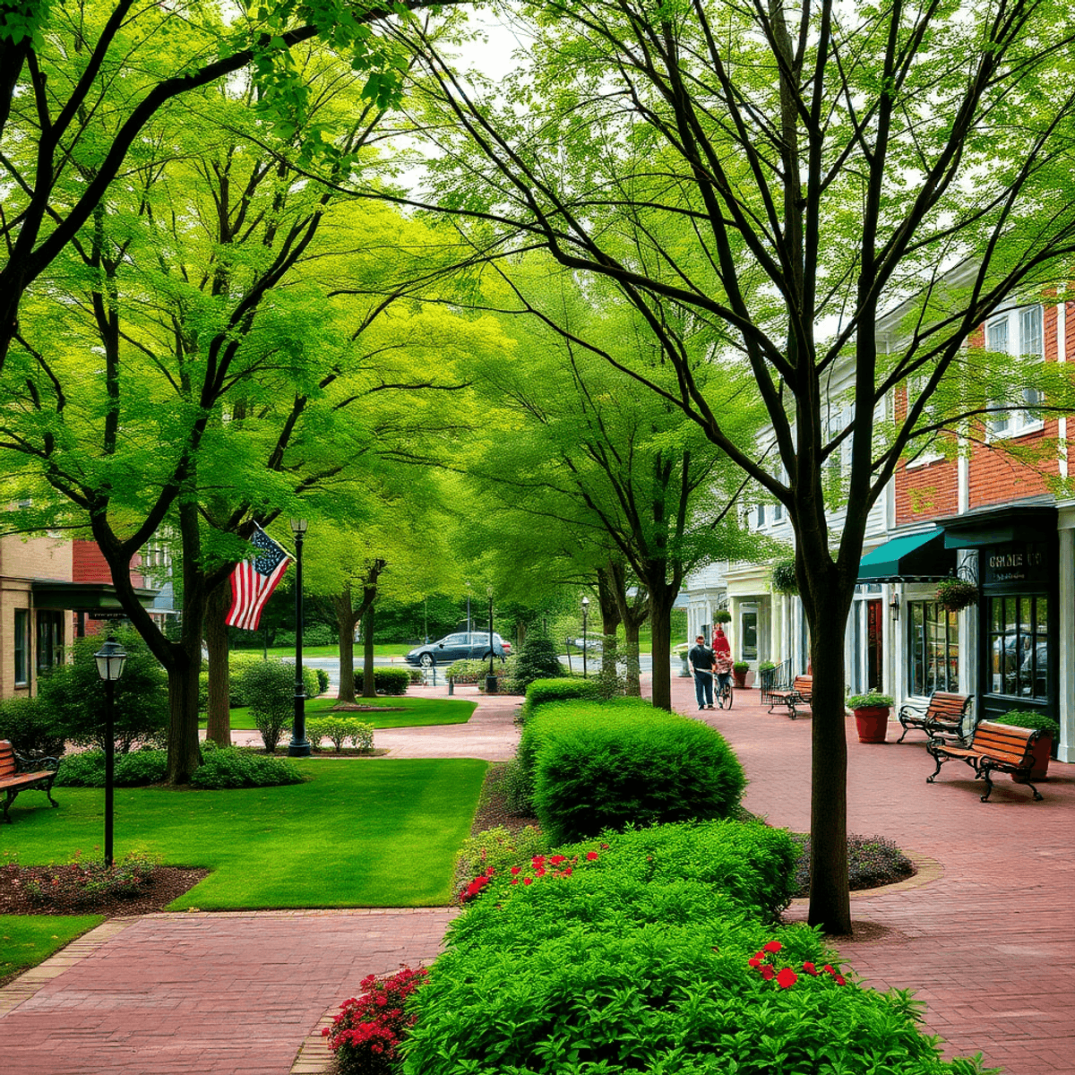 A charming New England town with tree-lined streets, lush parks, walking paths, and benches, creating a romantic atmosphere perfect for outdoor dates.