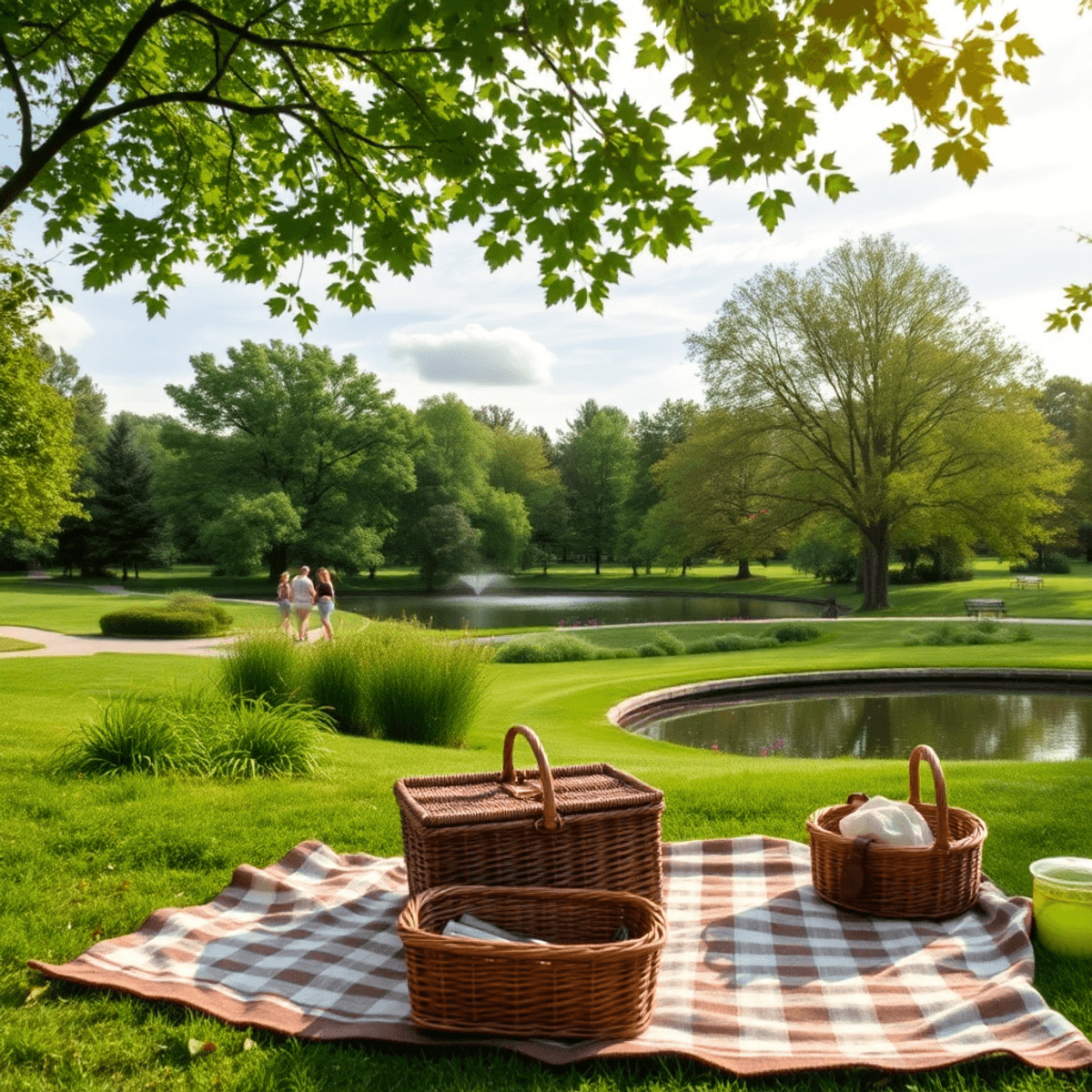 A charming small-town park in Stafford Springs, featuring lush greenery, a serene pond, and a picnic setup with a blanket and basket, evoking warmt...