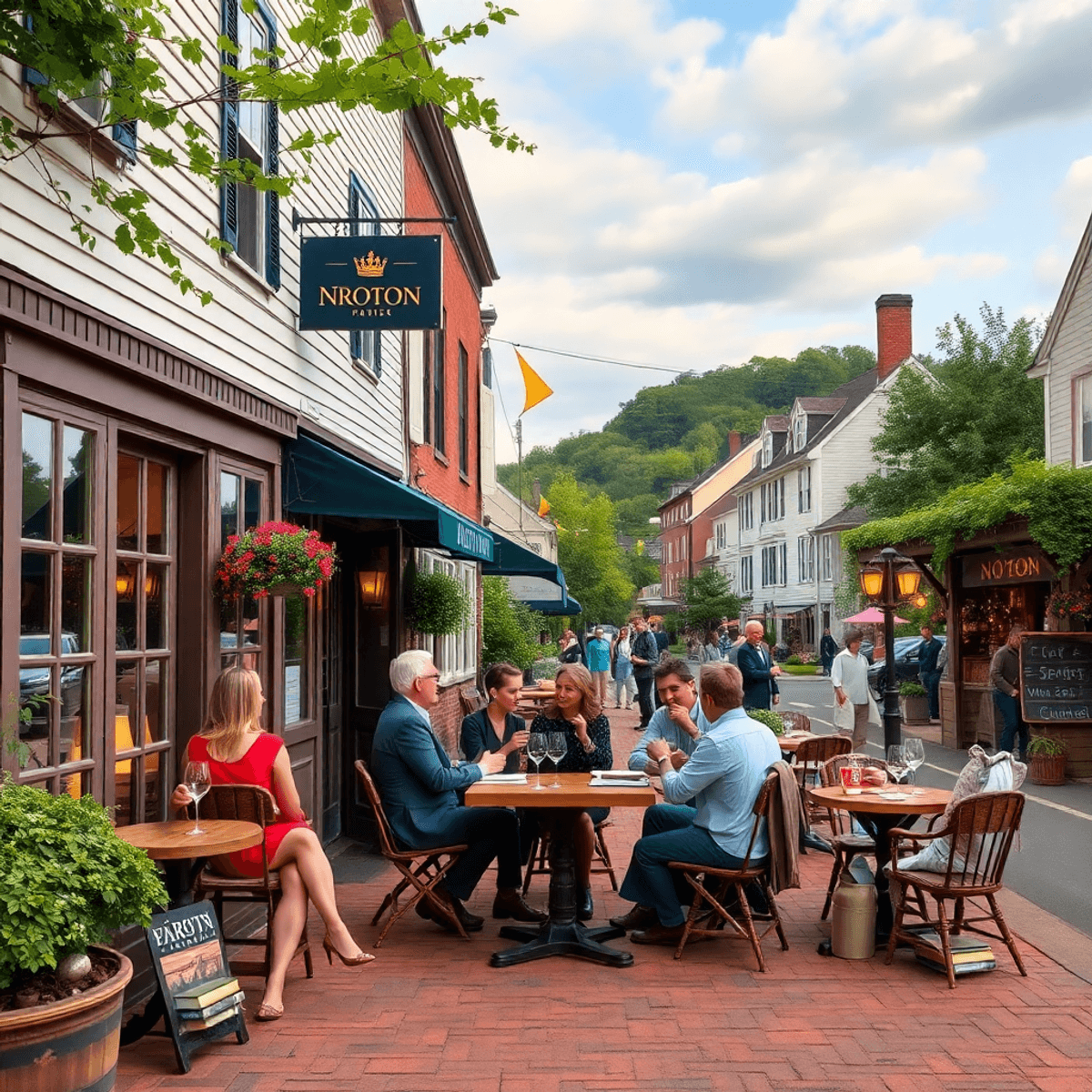 A cozy outdoor café in Noroton, Connecticut, with people enjoying wine tastings and conversations, surrounded by wine glasses, books, and a picture...