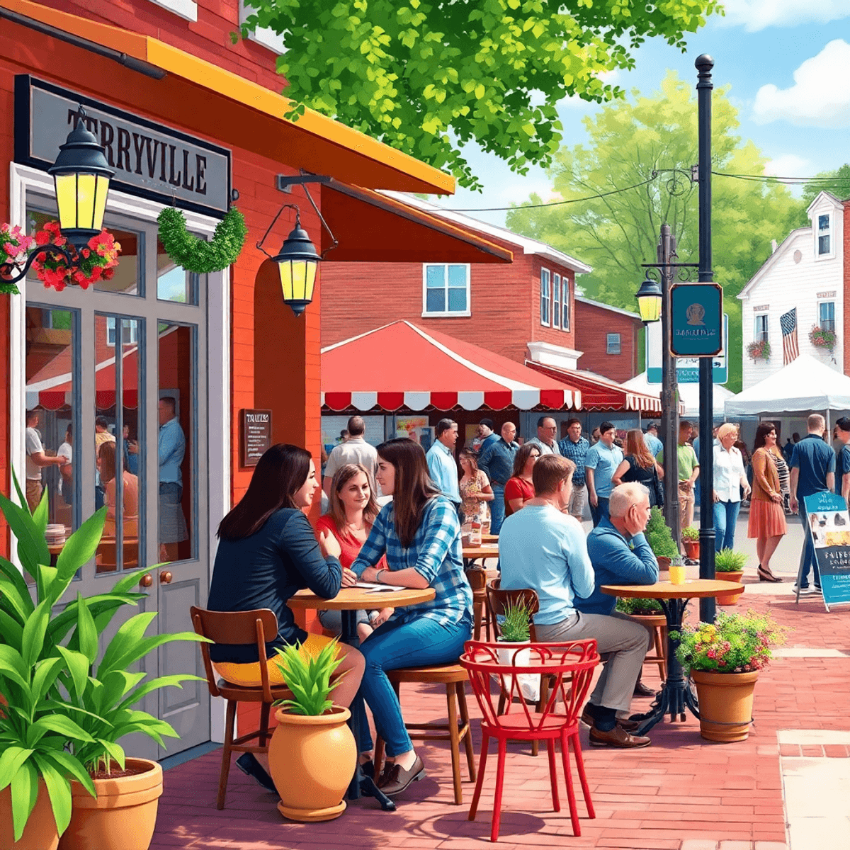 A cozy coffee shop with outdoor seating in a small town, where singles chat, surrounded by a vibrant farmers' market and community events, reflecti...