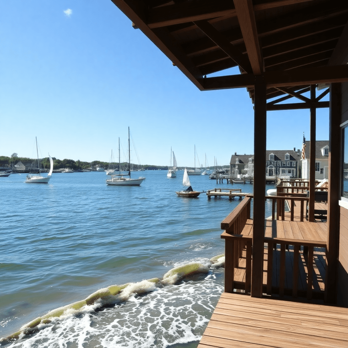 A scenic waterfront view in Mystic, Connecticut, featuring sailboats on the harbor, a charming wooden dock, colonial buildings, and gentle waves un...