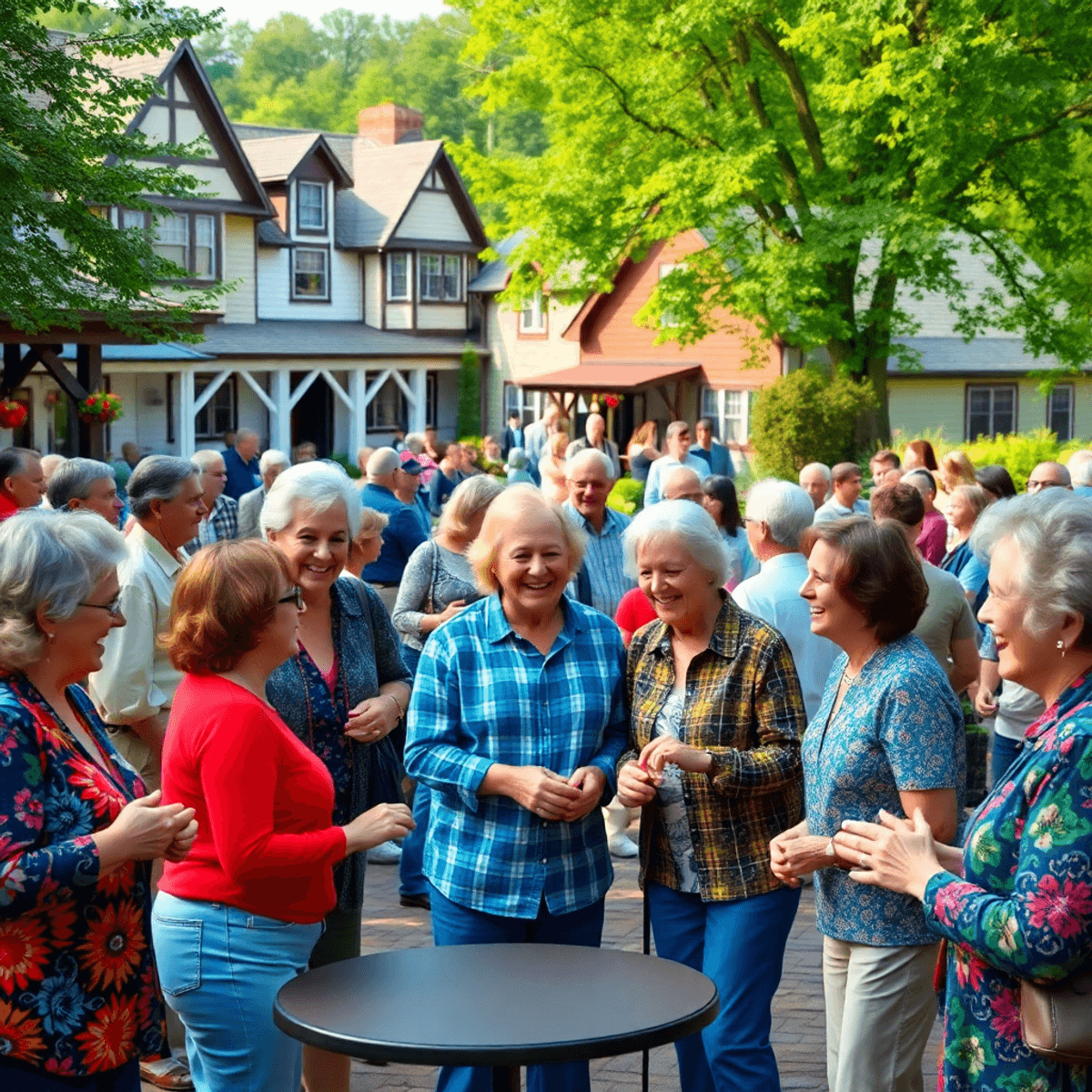 A lively outdoor gathering in a scenic community, with smiling individuals chatting, playing games, and enjoying seasonal events amidst charming ar...